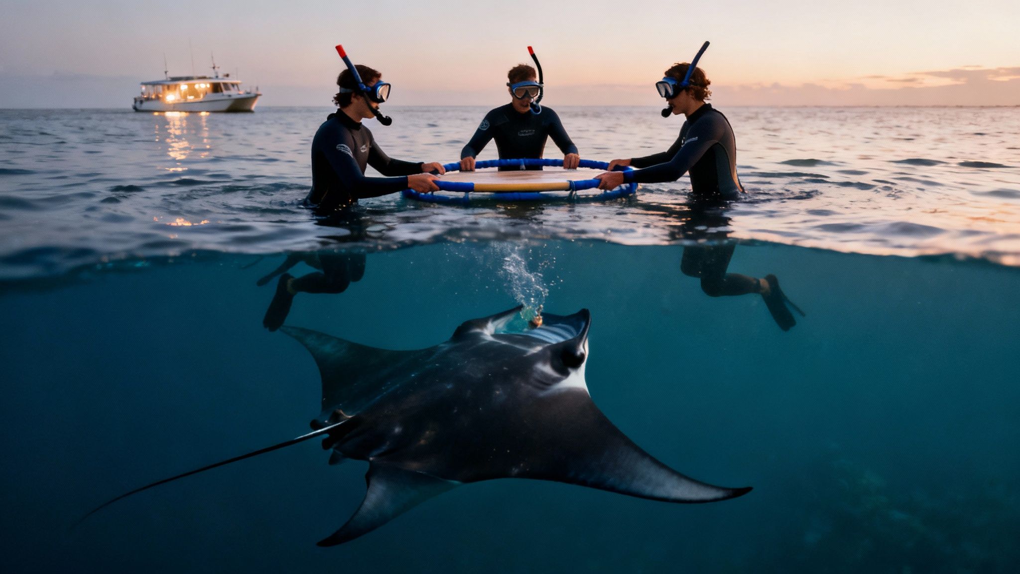Snorkelers holding onto a light board at night