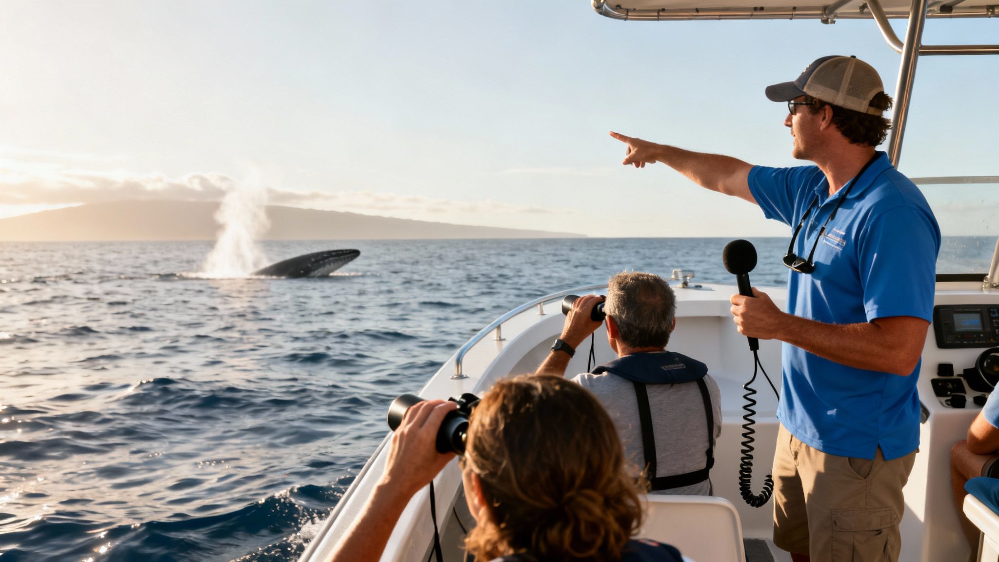 Tourists on a boat with a guide pointing at a whale spouting water in the ocean at sunset.