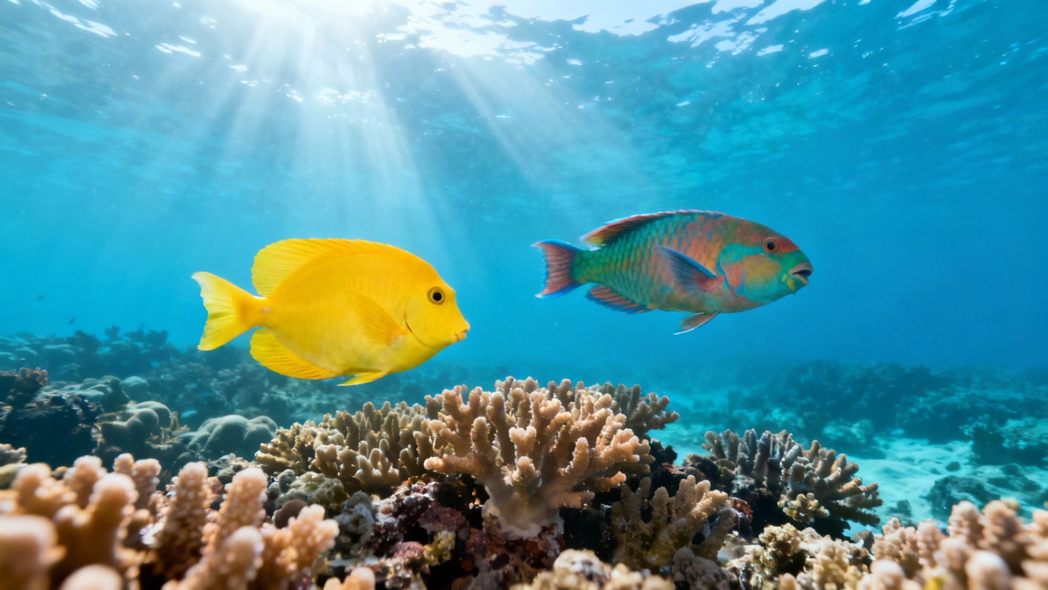 Vibrant yellow tang fish swim over the coral reef at Kealakekua Bay.