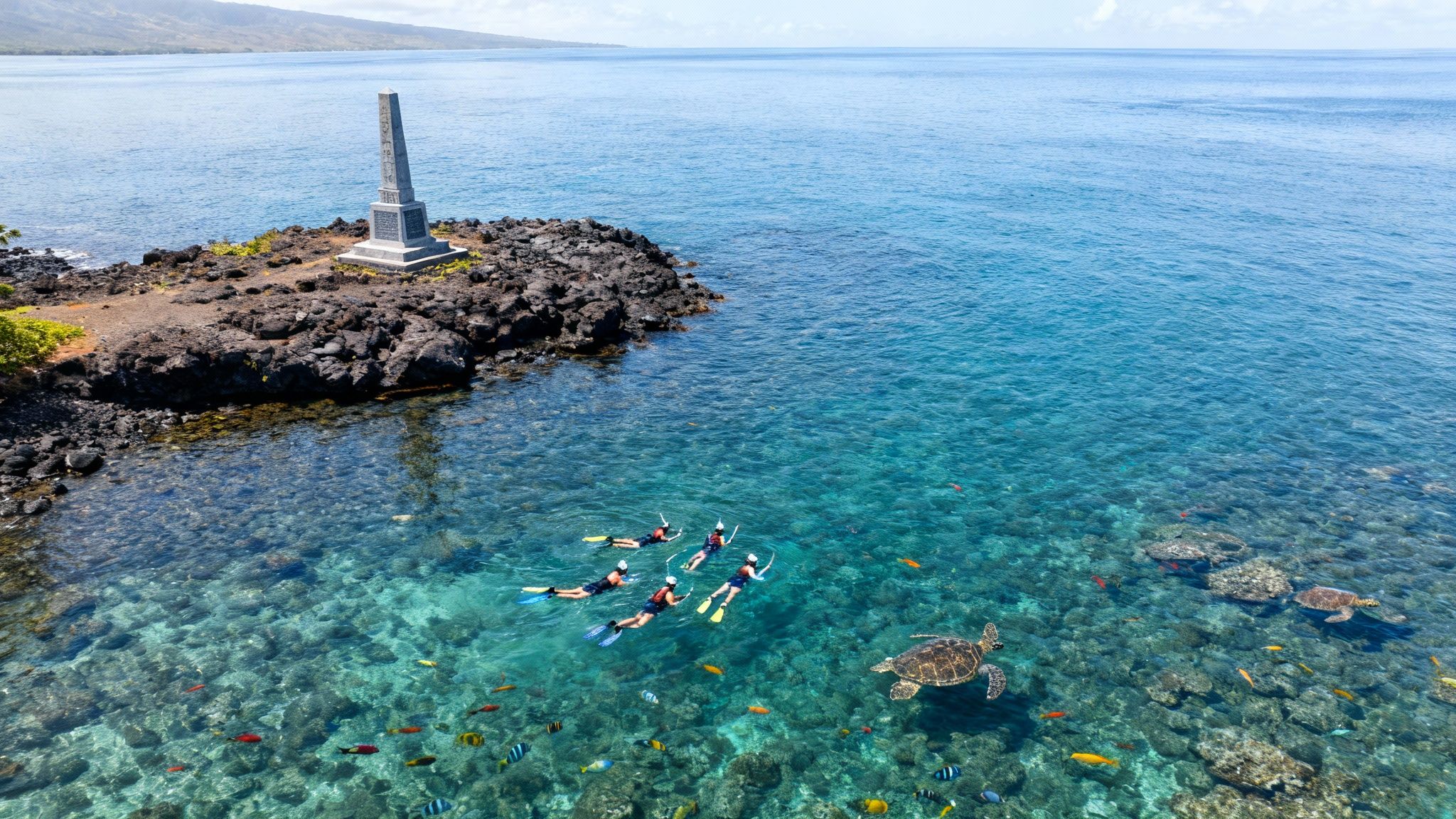 Snorkelers swim with sea turtles and colorful fish in clear blue water near a rocky monument.