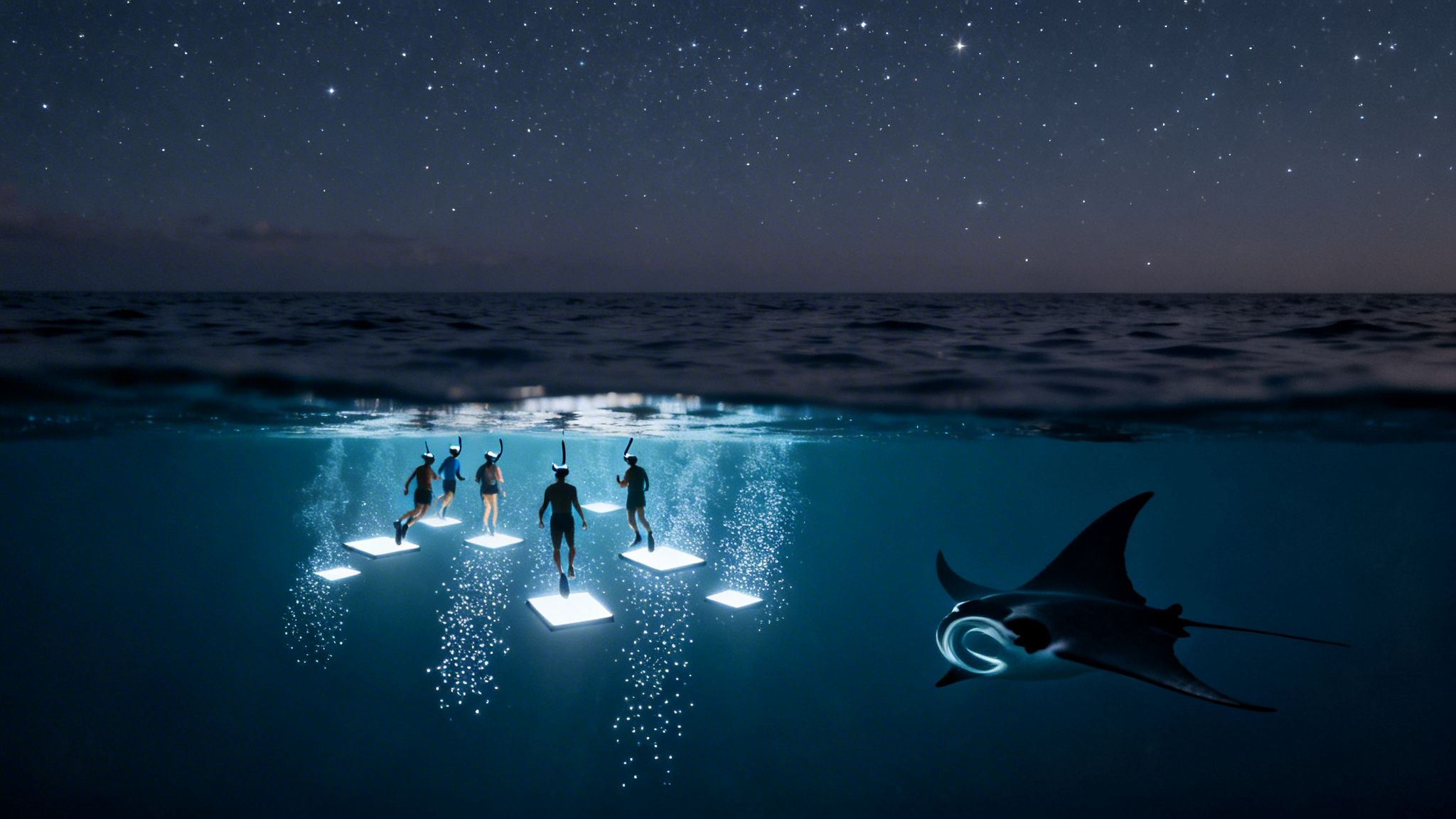 Night snorkeling adventure featuring divers on illuminated platforms and a glowing manta ray.
