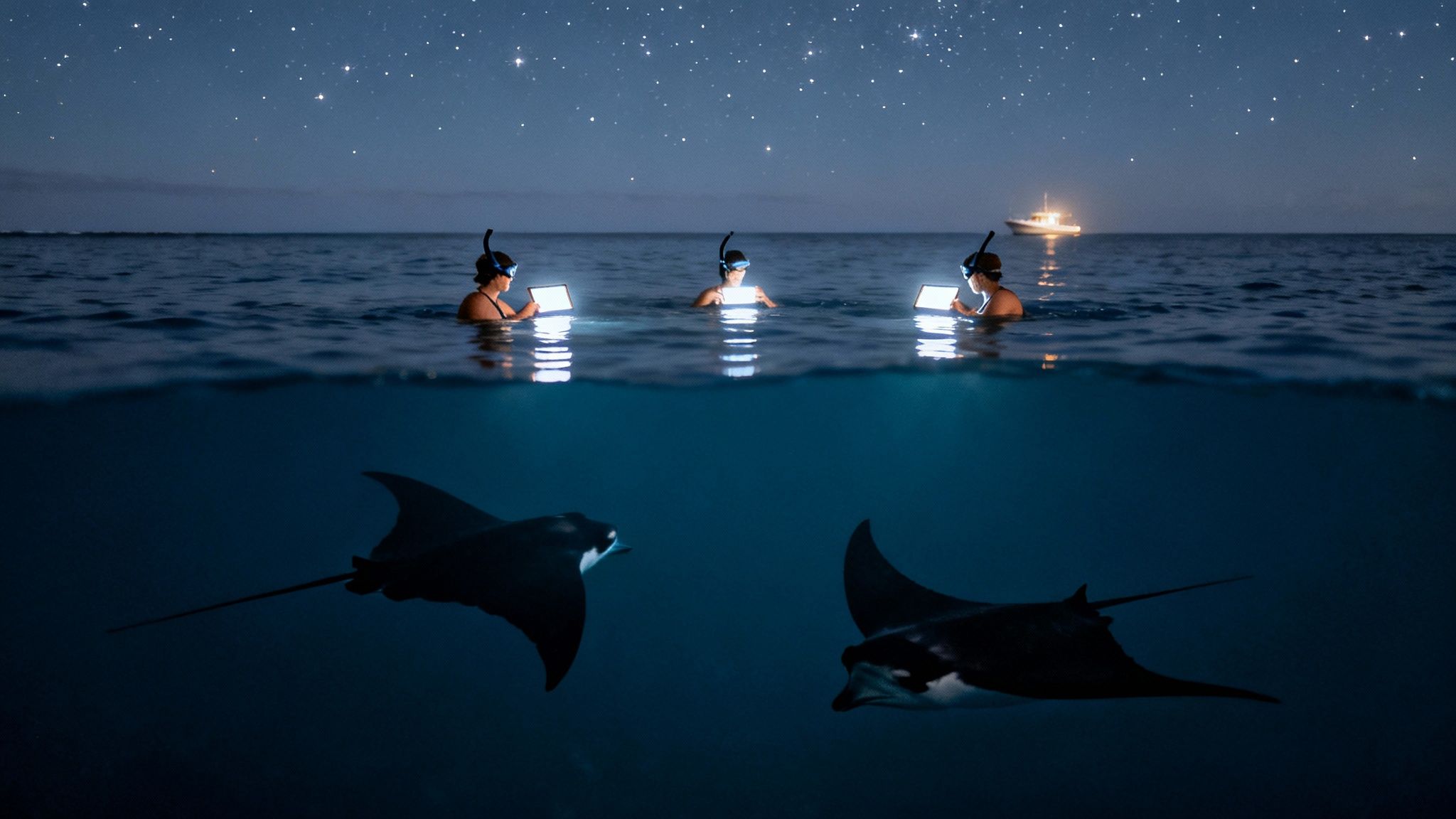 A large manta ray glides through dark water with its mouth open, illuminated by a bright light.