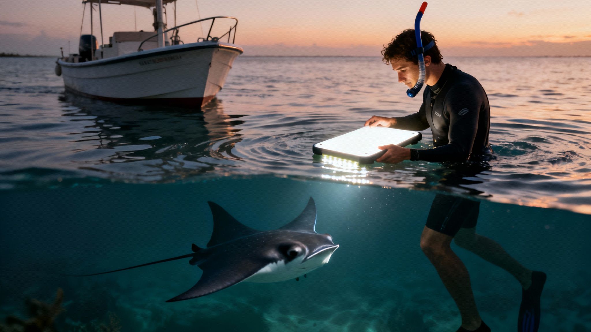 A man in a wetsuit holds an underwater light, illuminating a manta ray at sunset.