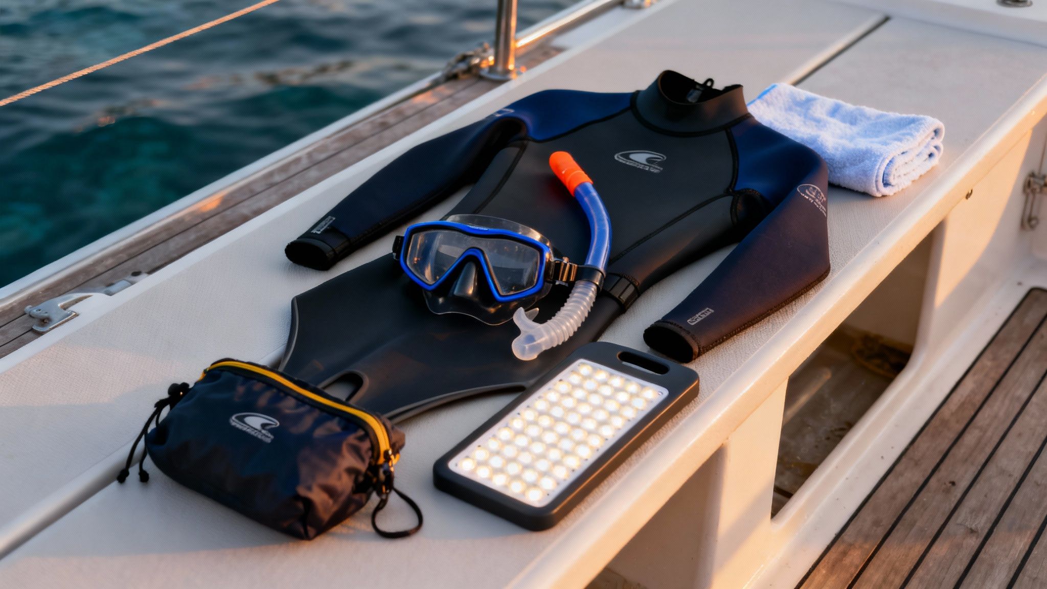 Snorkeling equipment, including a wetsuit, mask, snorkel, and fins, laid on a boat deck.