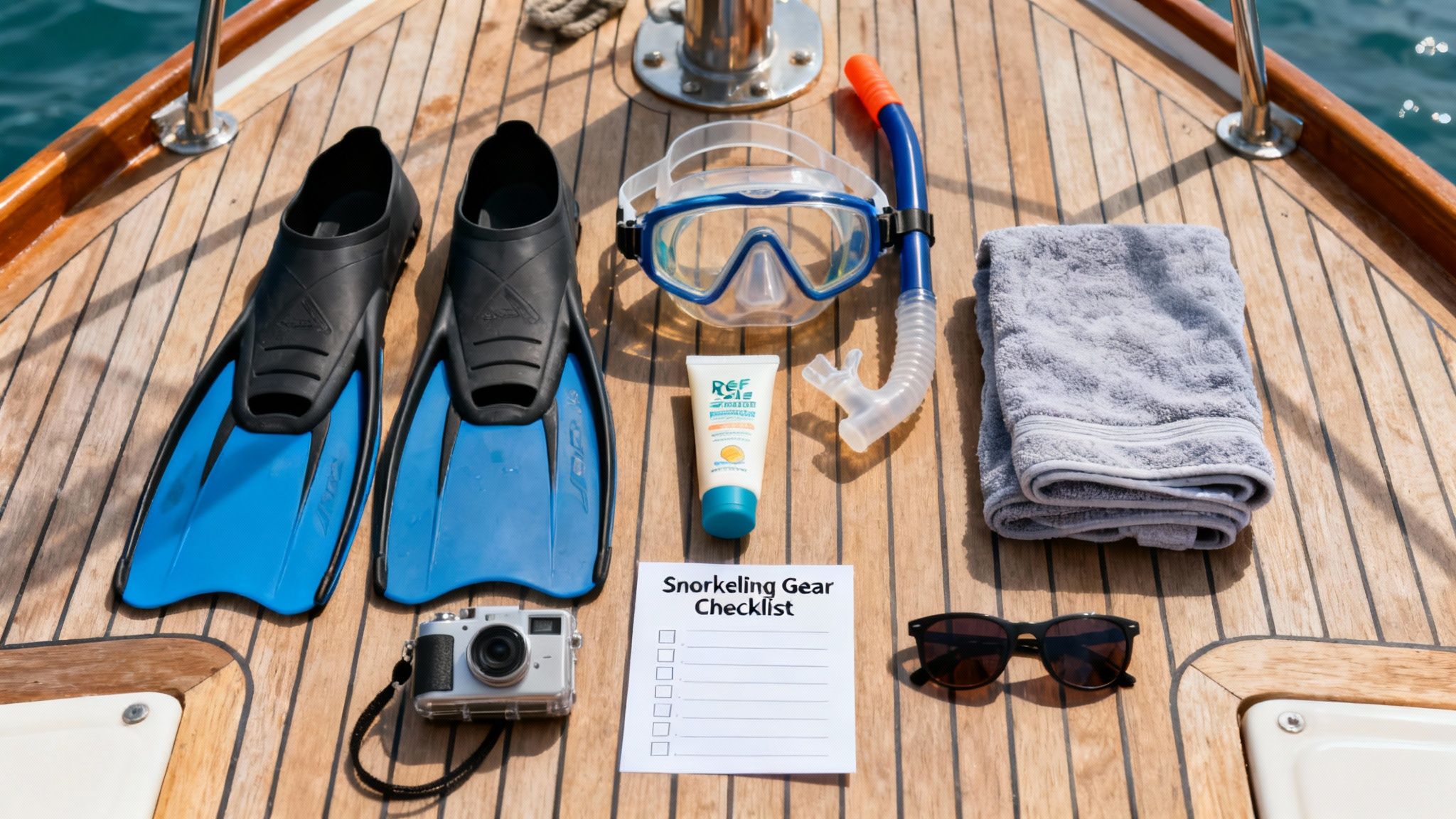 A flat lay of snorkeling essentials like fins, mask, sunscreen, and camera on a wooden boat deck.
