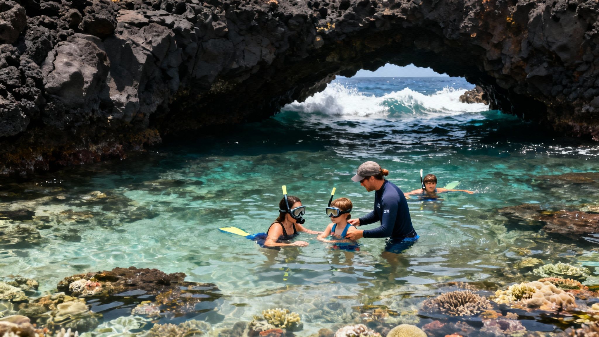 Family of four snorkeling in clear ocean water by a volcanic rock arch with coral reefs.