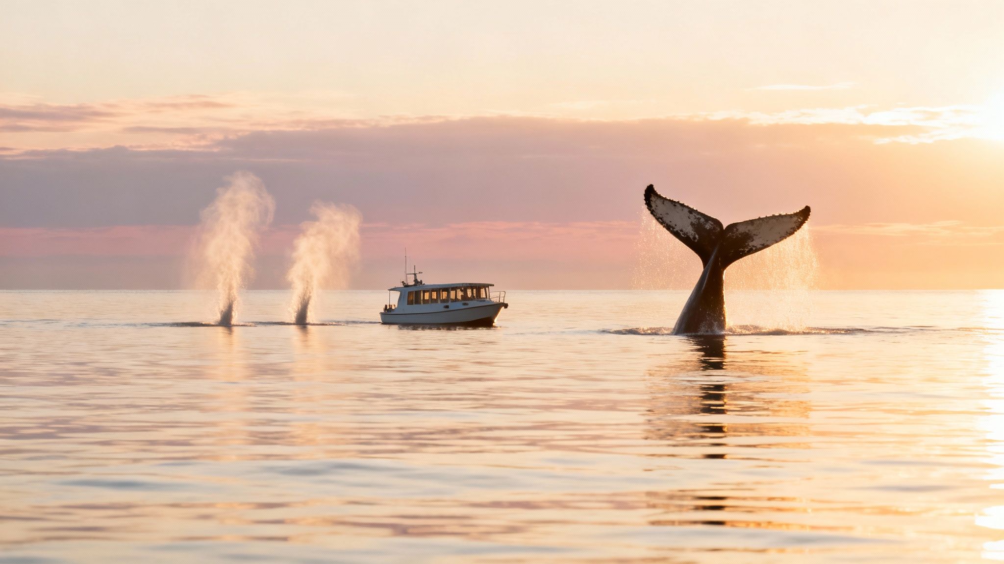 Humpback whales spout and fluke near a boat during a beautiful orange sunset.