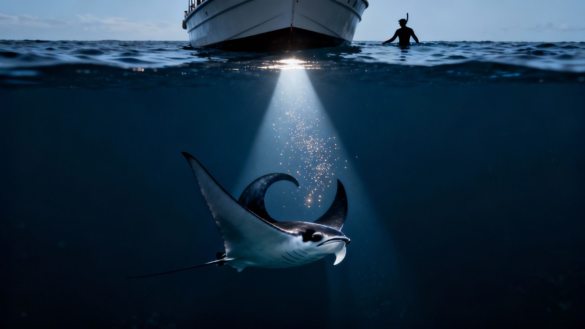A majestic manta ray swims underwater at night, illuminated by a boat's spotlight.