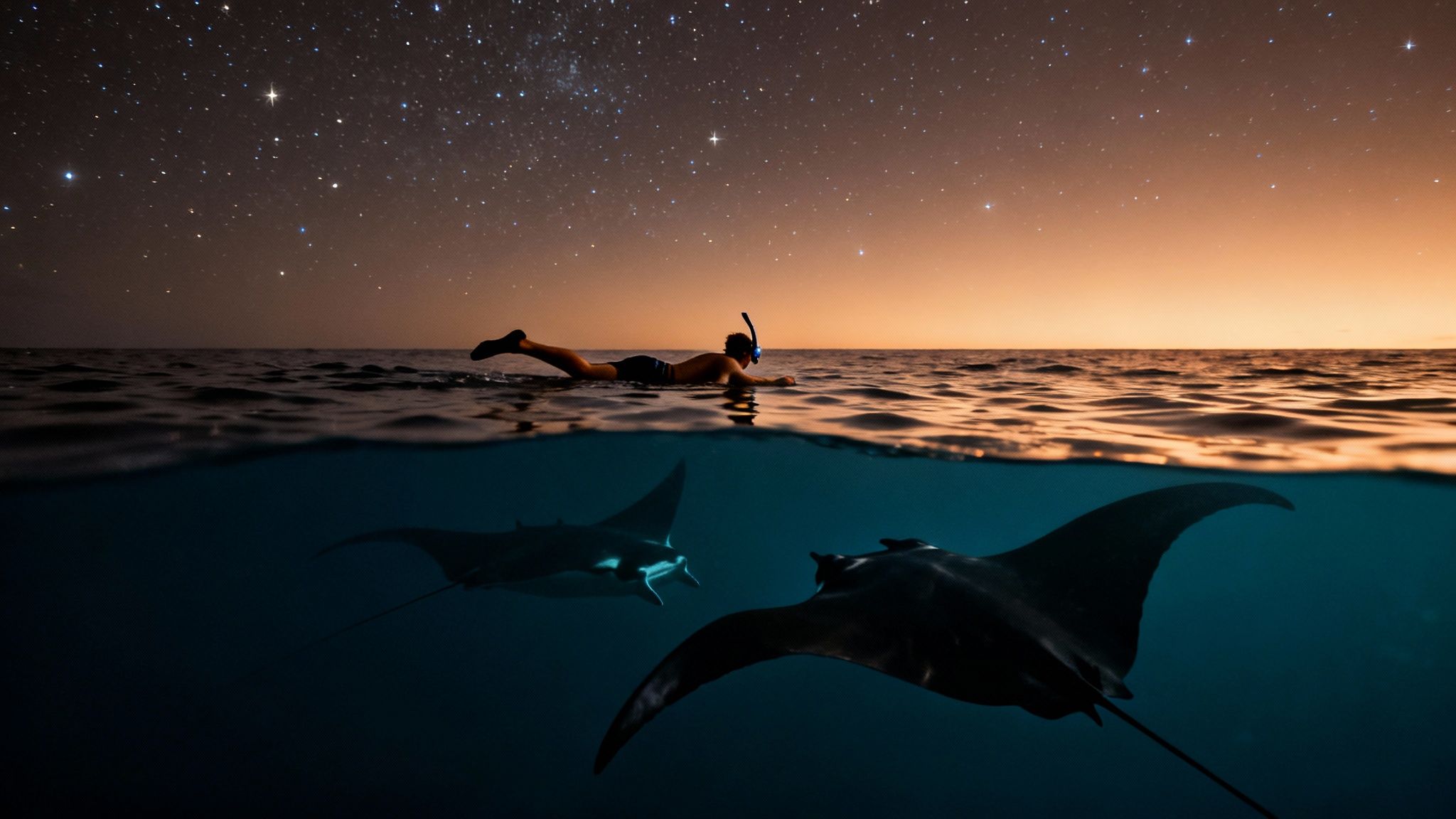A person snorkels at night with manta rays under a beautiful, starry sky.