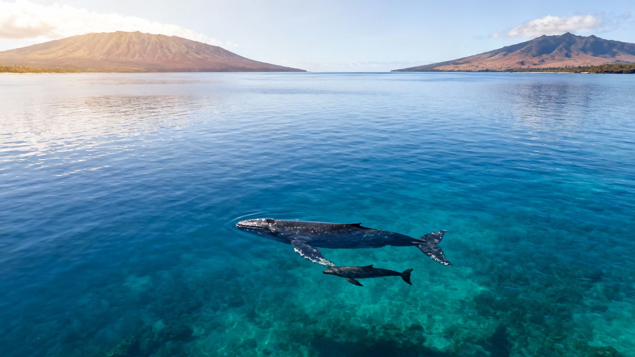 Humpback whale with calf swimming in clear turquoise ocean water near mountainous islands.