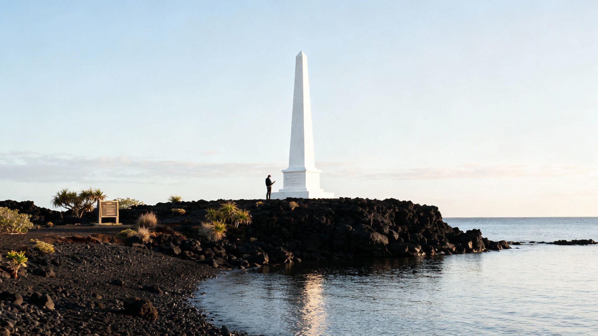 The white obelisk of the Captain Cook Monument against the lush cliffs of Kealakekua Bay