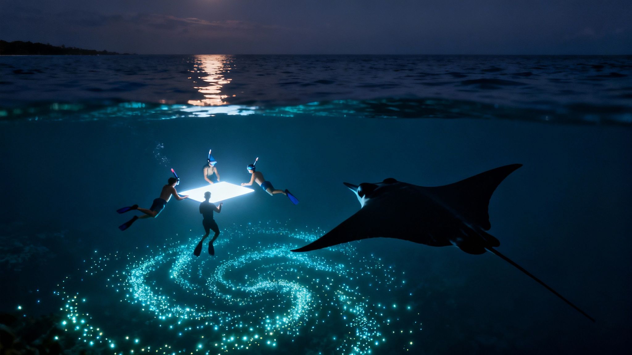 People night snorkeling with a manta ray and bioluminescent plankton under a bright moon.