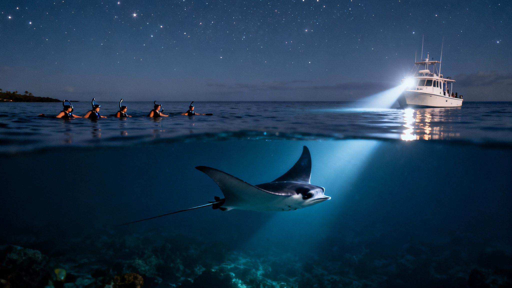 People night snorkeling with a majestic manta ray under a starry sky and boat light.