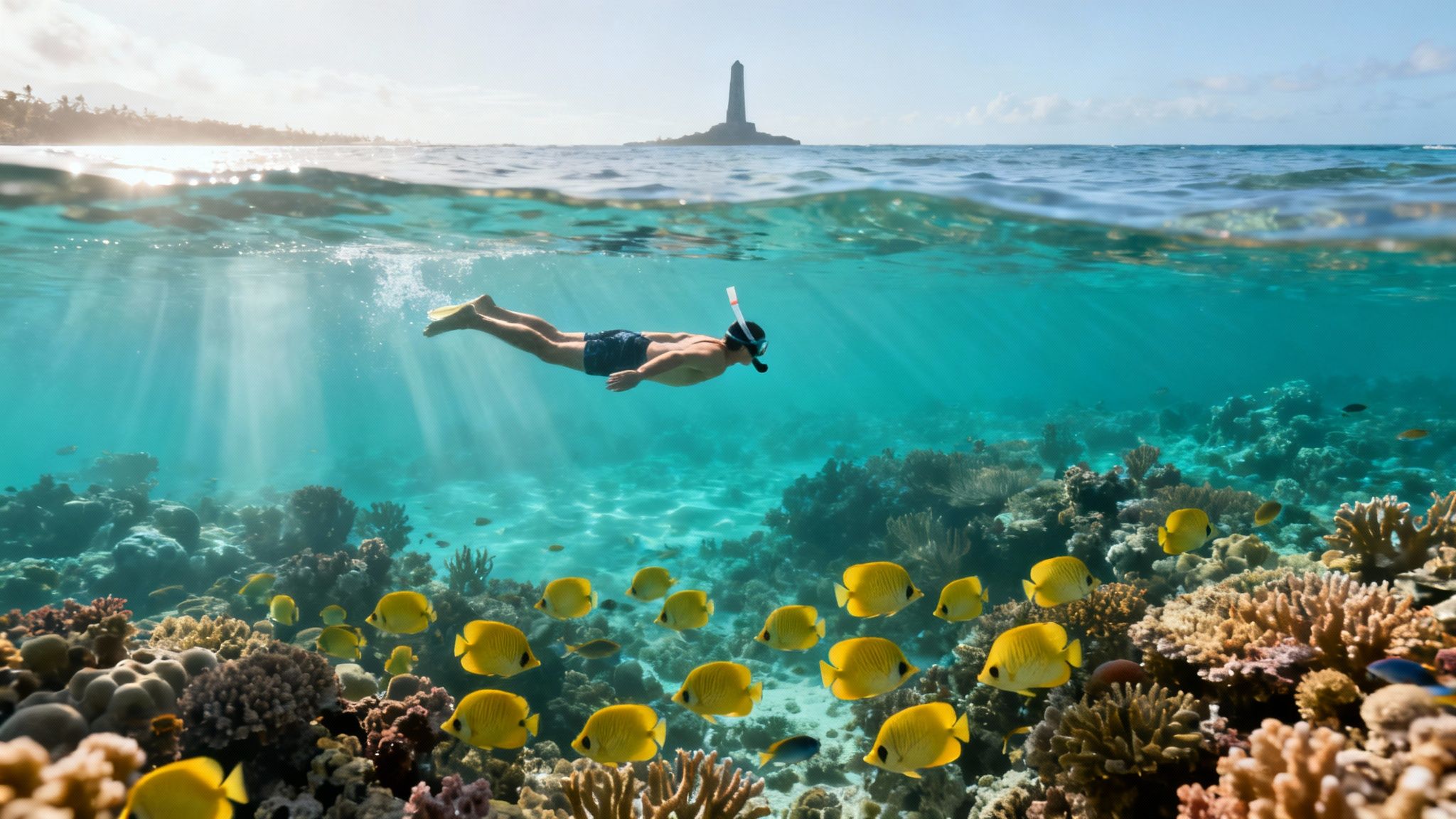 A man snorkeling over a vibrant coral reef with yellow fish, split view above and below water.