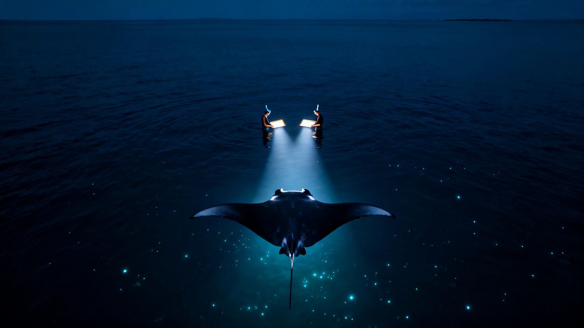 Two snorkelers illuminate a majestic manta ray feeding at night, surrounded by bioluminescence.