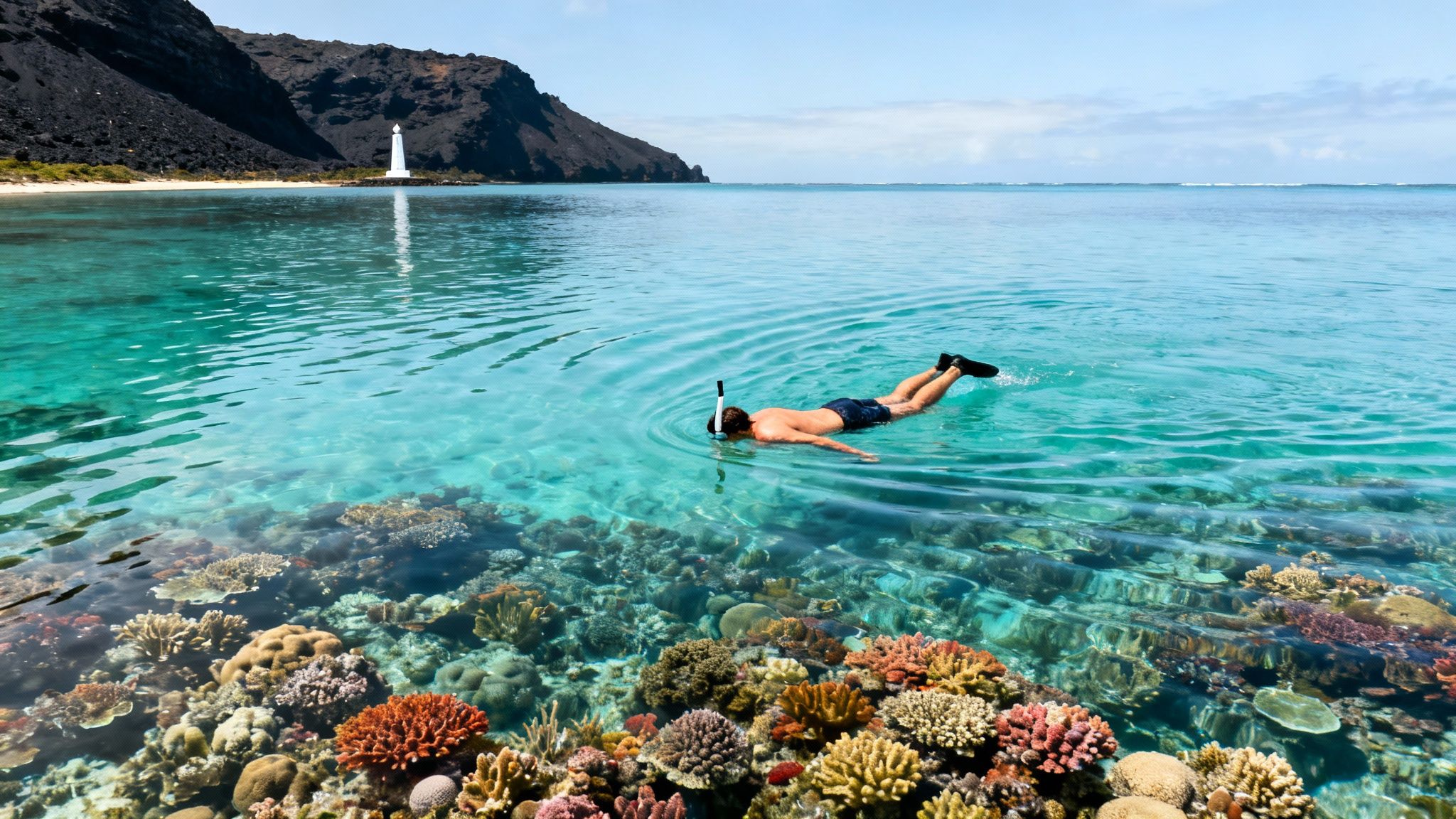 A person snorkeling over a colorful coral reef in clear turquoise water with a distant lighthouse.