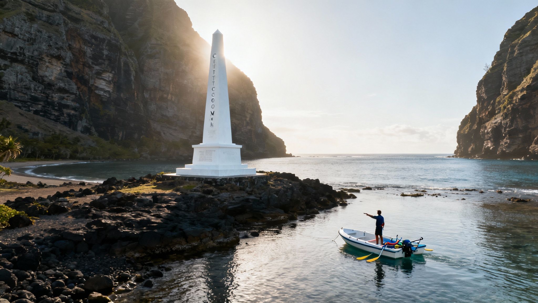 White obelisk monument on rocky shore with fisherman in boat near dramatic cliffs