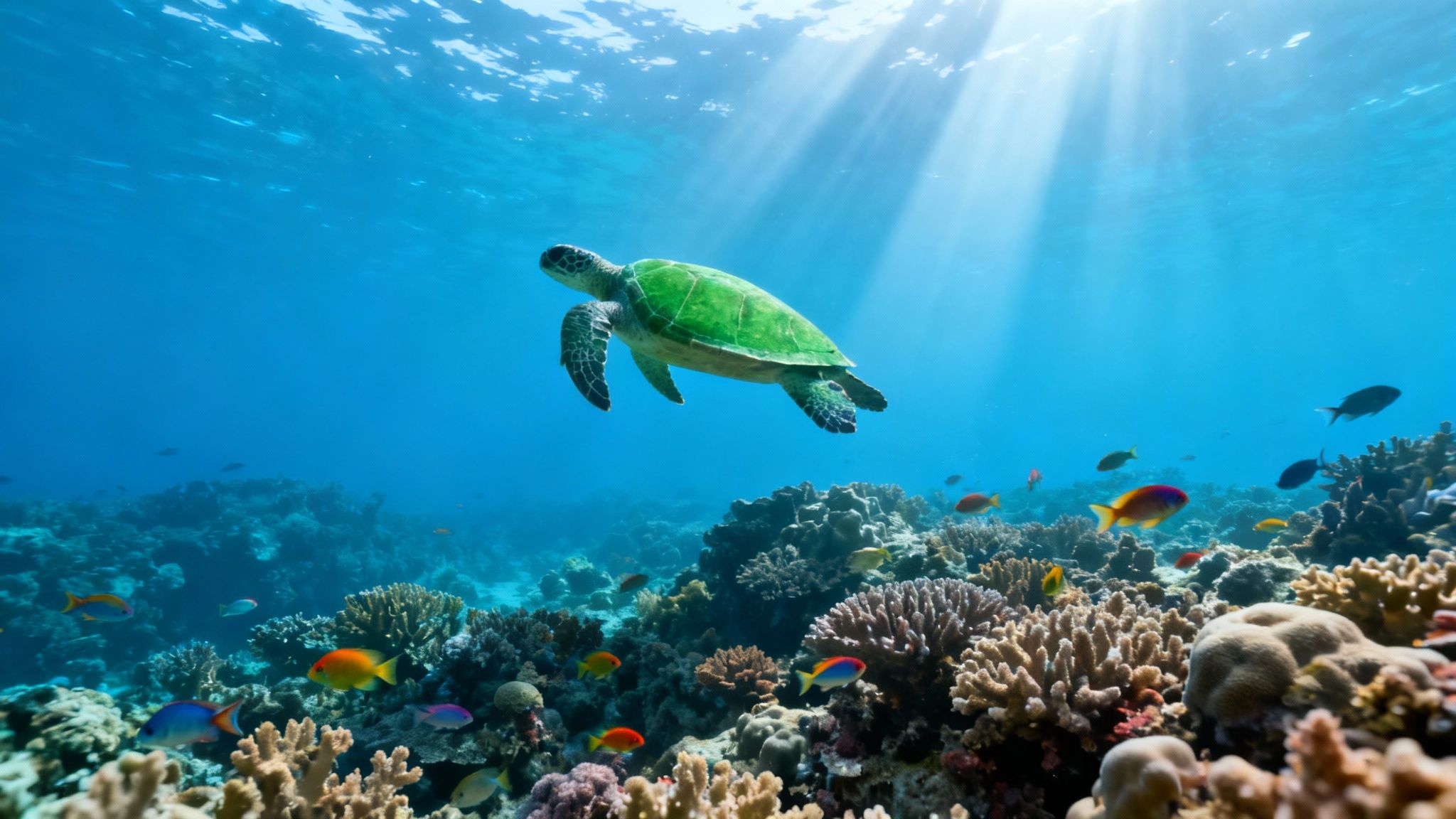 A vibrant coral reef with a variety of colorful fish swimming in crystal clear blue water.