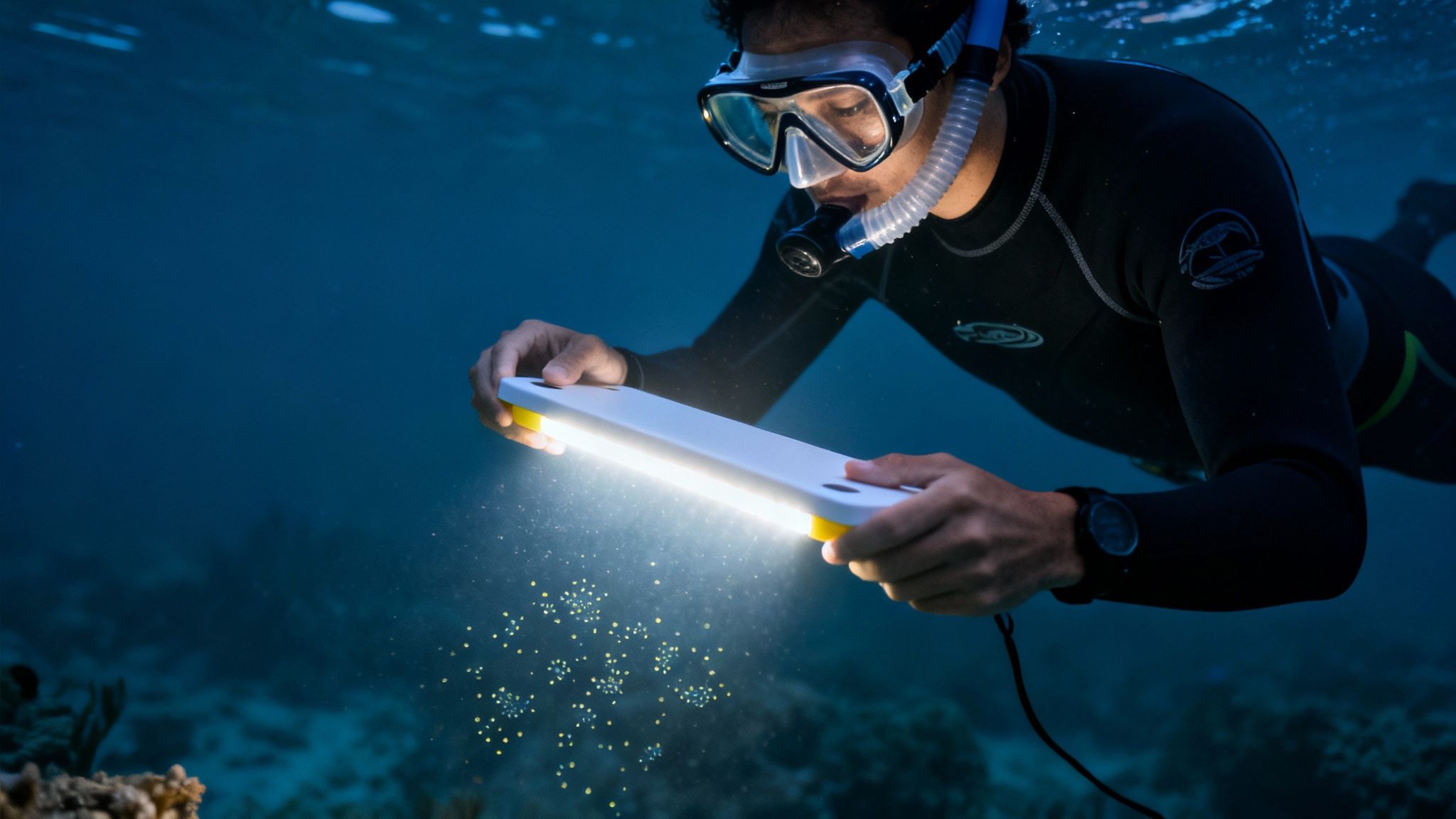 A snorkeler shines an underwater light on glowing marine life in the deep blue ocean.