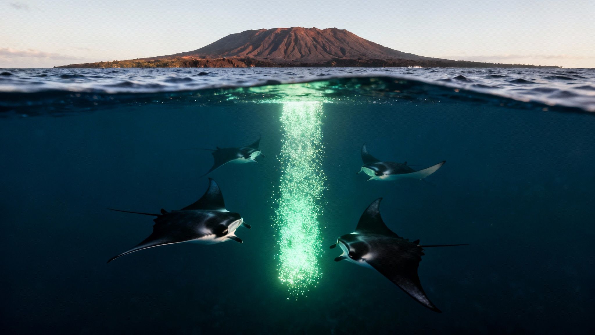 Four manta rays swim underwater around a luminous beam, with a volcanic island visible above the ocean surface at sunset.