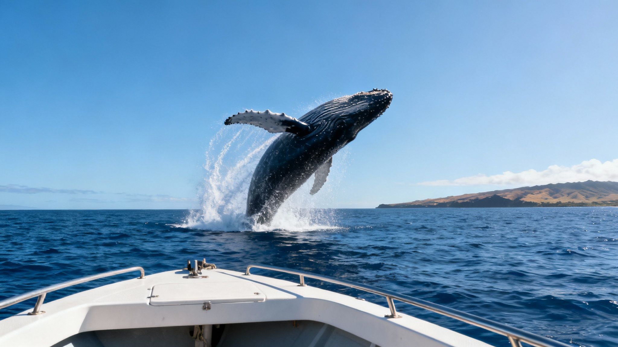 A magnificent humpback whale breaches high out of the blue ocean next to a whale watching boat.