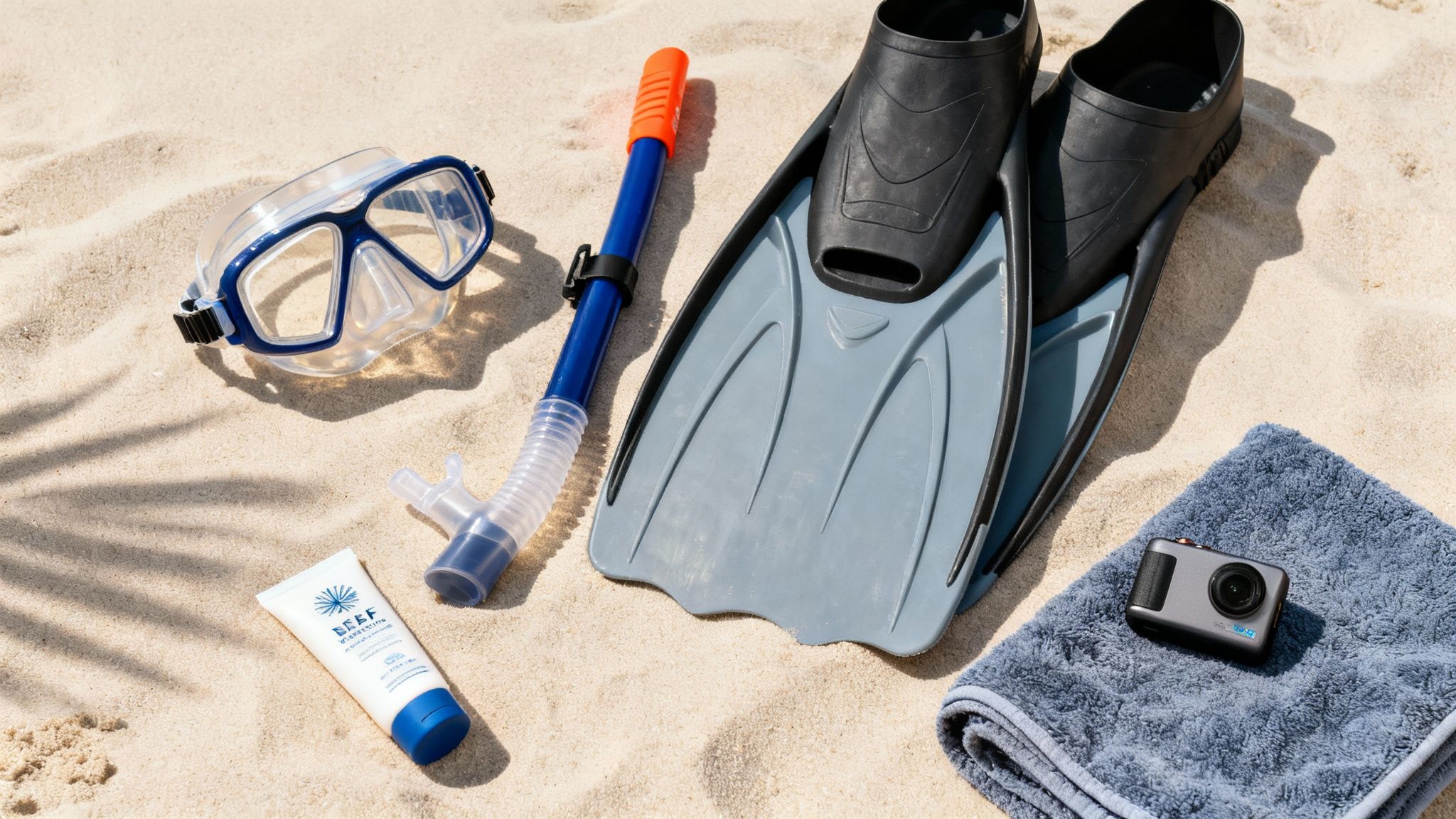 Snorkeling mask, snorkel, fins, sunscreen, towel, and action camera on a sunny beach.