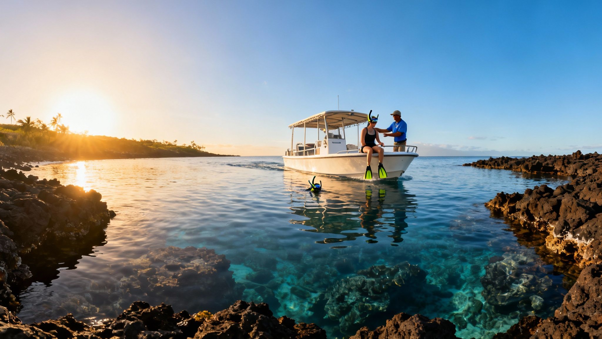 People preparing for snorkeling from a boat in clear tropical waters at sunset with a rocky coast.