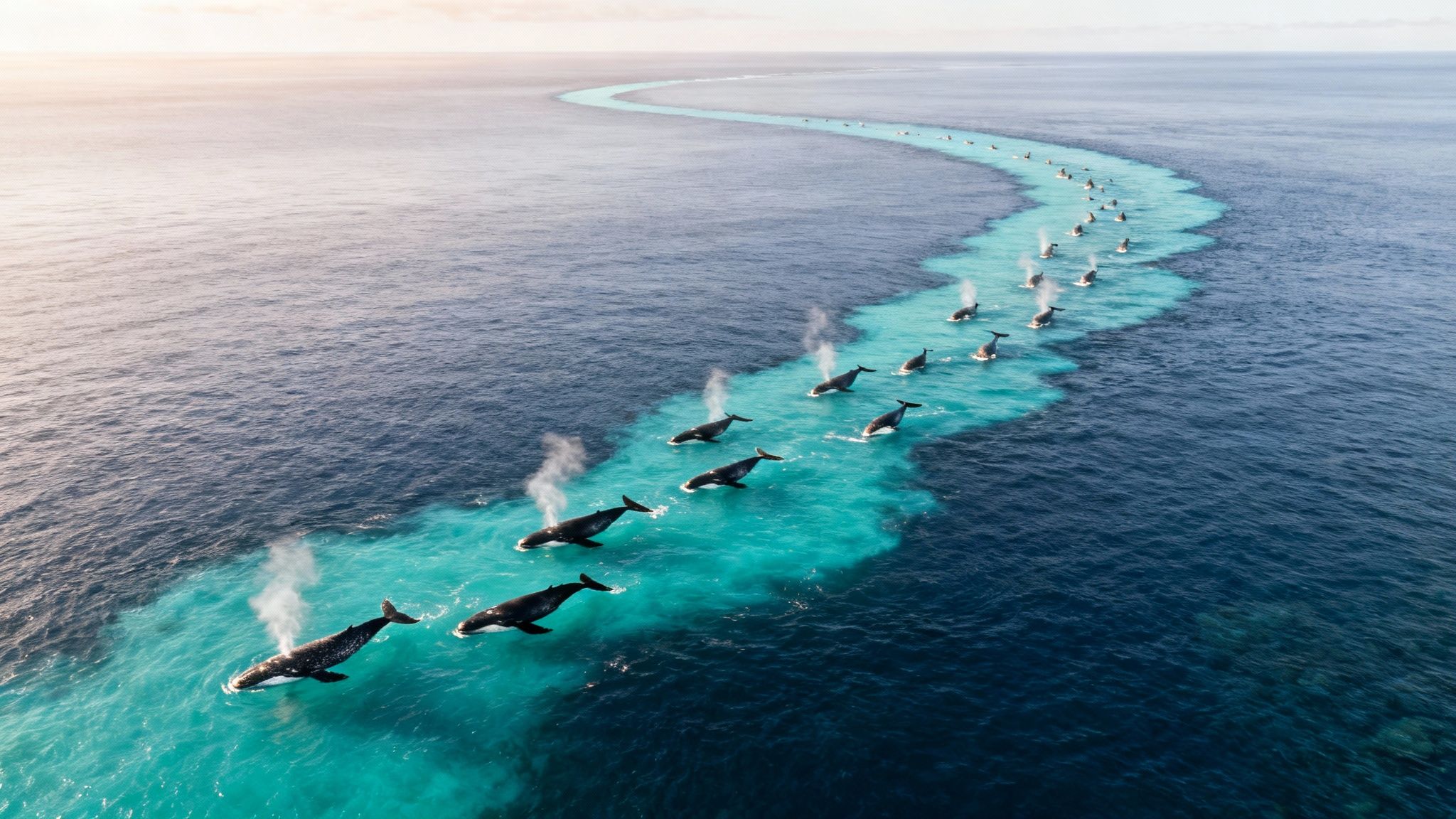 Aerial view of numerous whales swimming in a long, curving line, creating a vibrant turquoise path in the ocean.