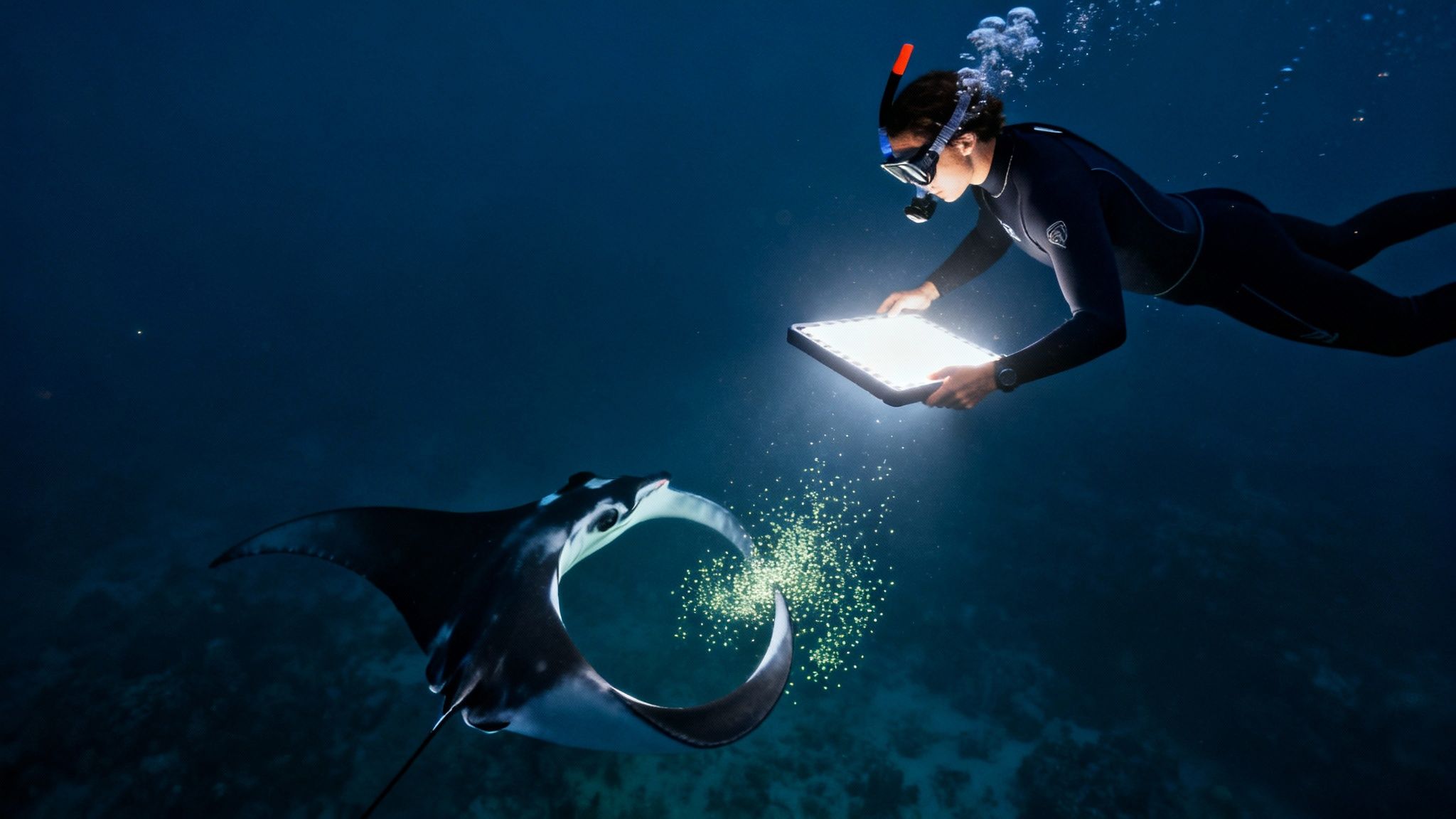A person snorkels underwater with a bright light, attracting a manta ray feeding on glowing plankton.