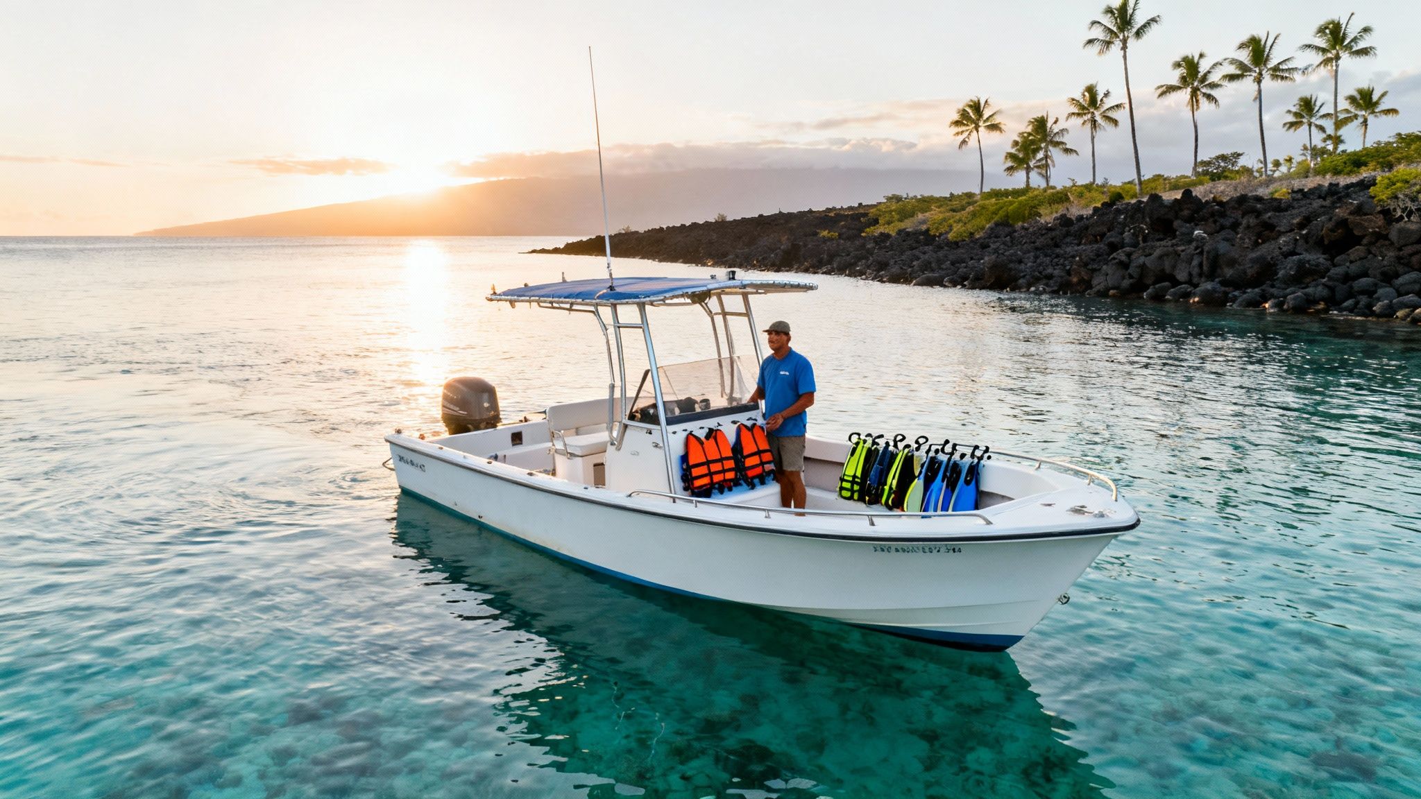 Man on a white boat in clear water with snorkeling gear at sunset near a tropical island.
