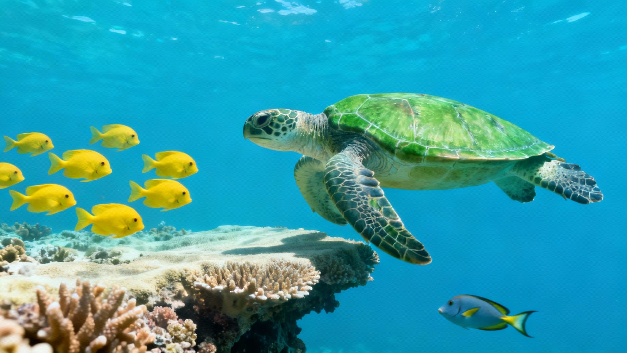 A vibrant underwater scene in Kealakekua Bay with colorful coral and a school of yellow tang fish.