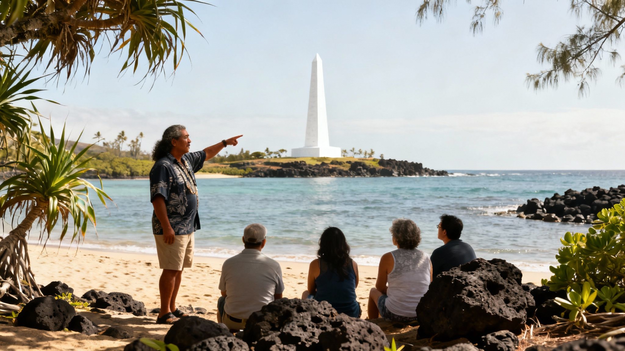 Hawaiian tour guide pointing at ocean monument while explaining Captain Cook history to seated tourists