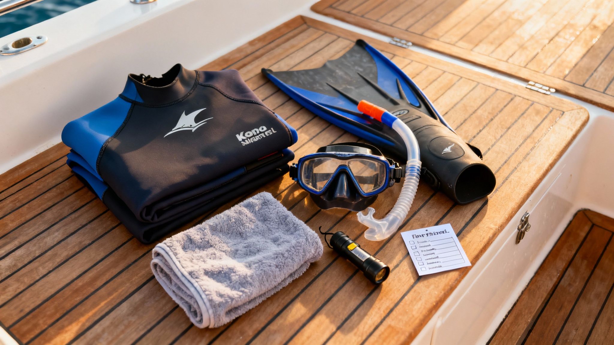 Snorkeling and diving gear, including wetsuits, mask, fins, and snorkel, neatly arranged on a wooden boat deck.