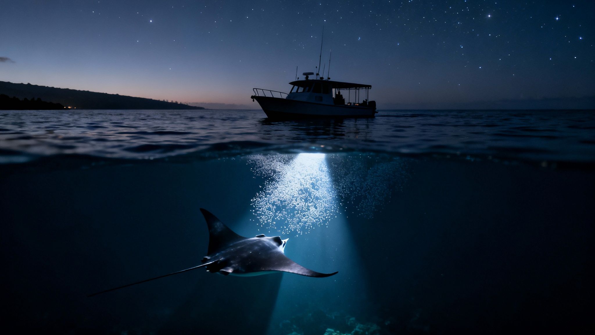 Night view of a boat under stars and a manta ray swimming in illuminated ocean depths.
