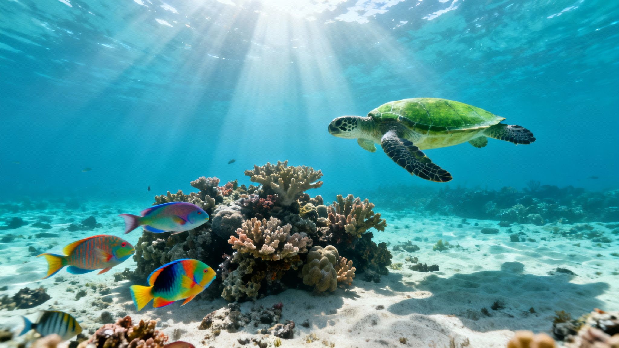 Green sea turtle swims over a vibrant coral reef with colorful fish in clear blue water, sun rays beaming down.