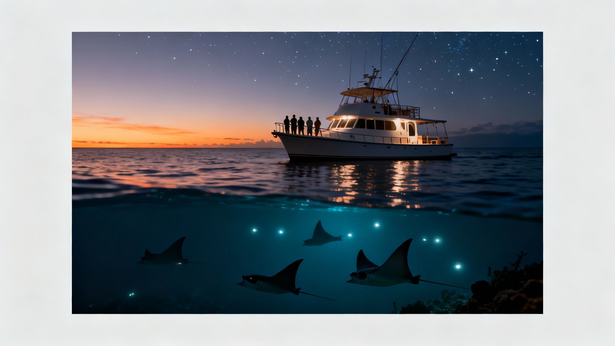 Boat with people at sunset, stars above, and glowing manta rays swimming below ocean surface.