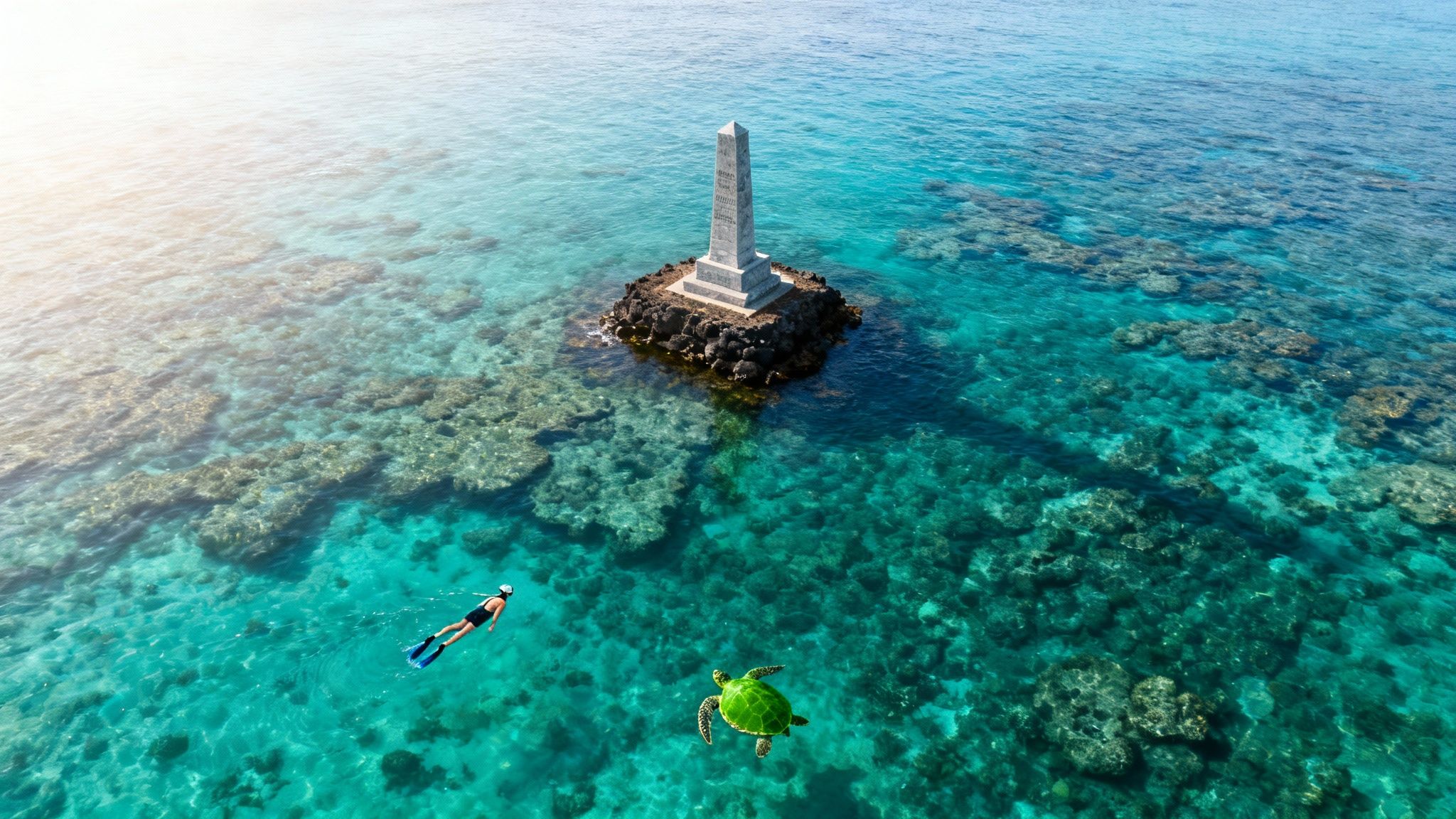 Aerial view of a snorkeler and green sea turtle swimming over coral near a monument.