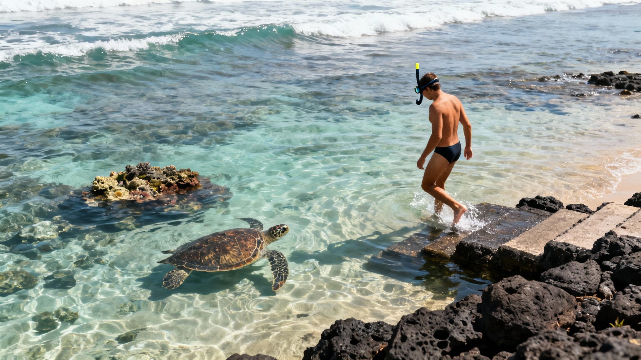 Man with snorkel and mask entering clear ocean water near a sea turtle and coral.