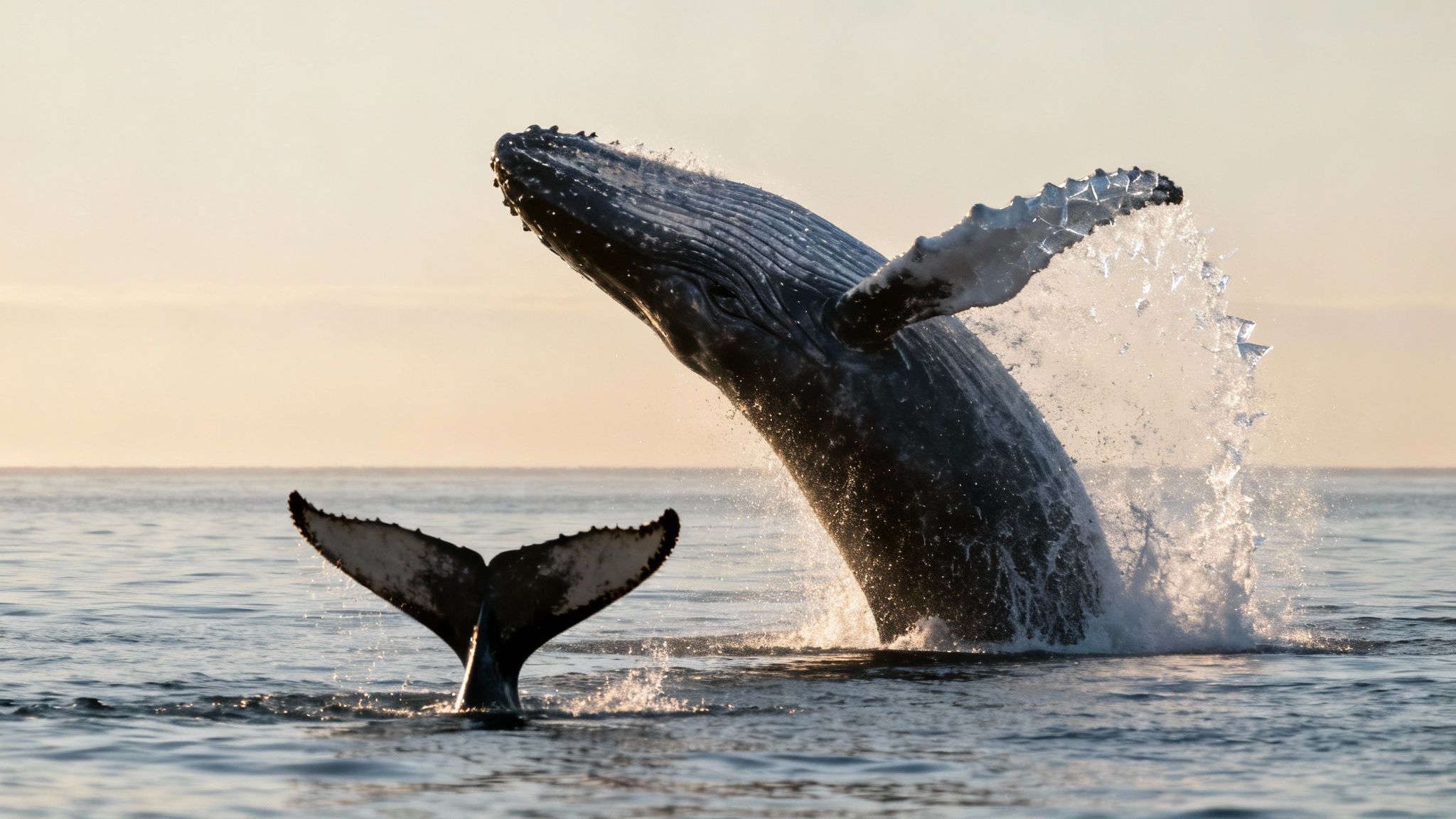 A majestic humpback whale breaches out of the ocean at sunset, with its tail visible.