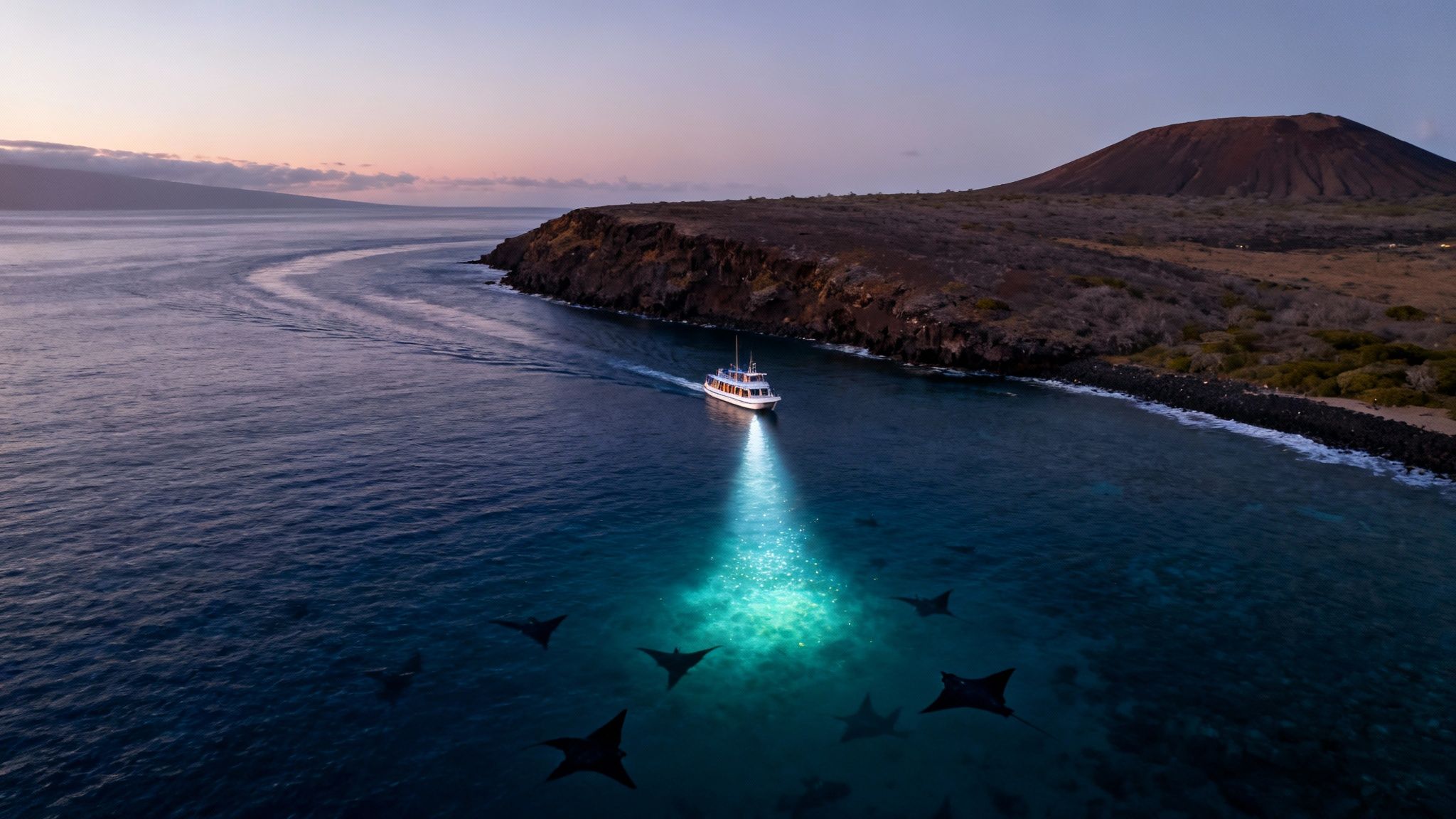 A boat illuminates the ocean at dusk, revealing multiple manta rays swimming below.