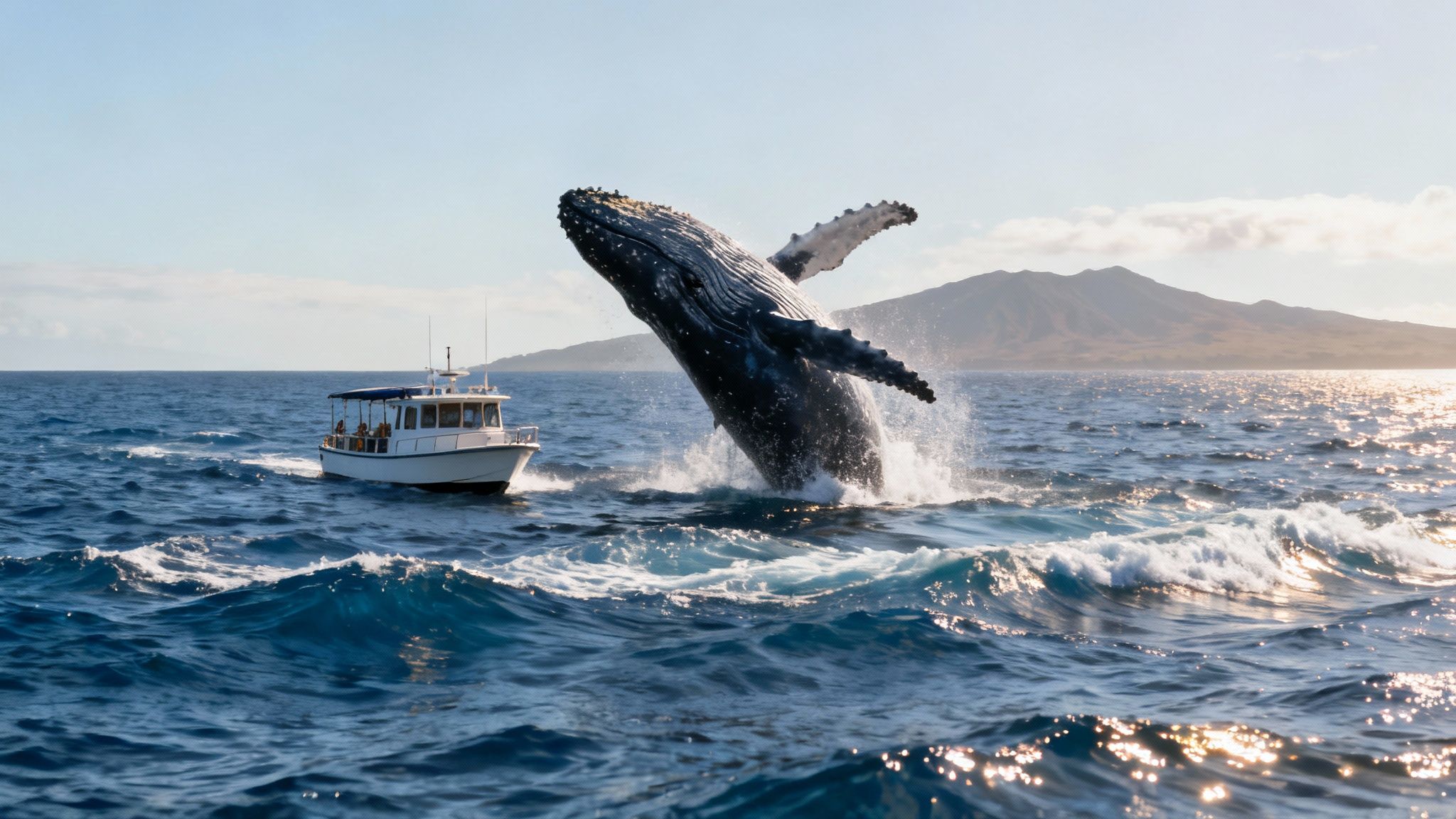 A humpback whale breaching spectacularly out of the ocean near the Big Island coast.