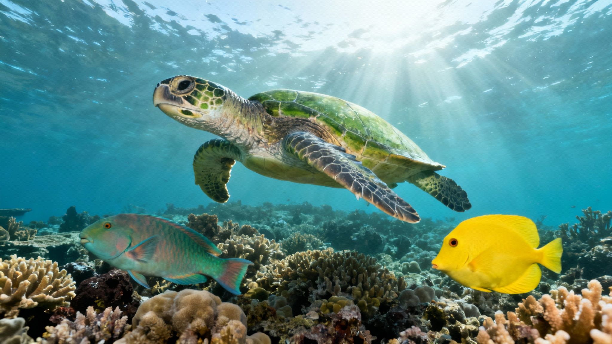 Green sea turtle swimming over a vibrant coral reef with colorful fish and sun rays.