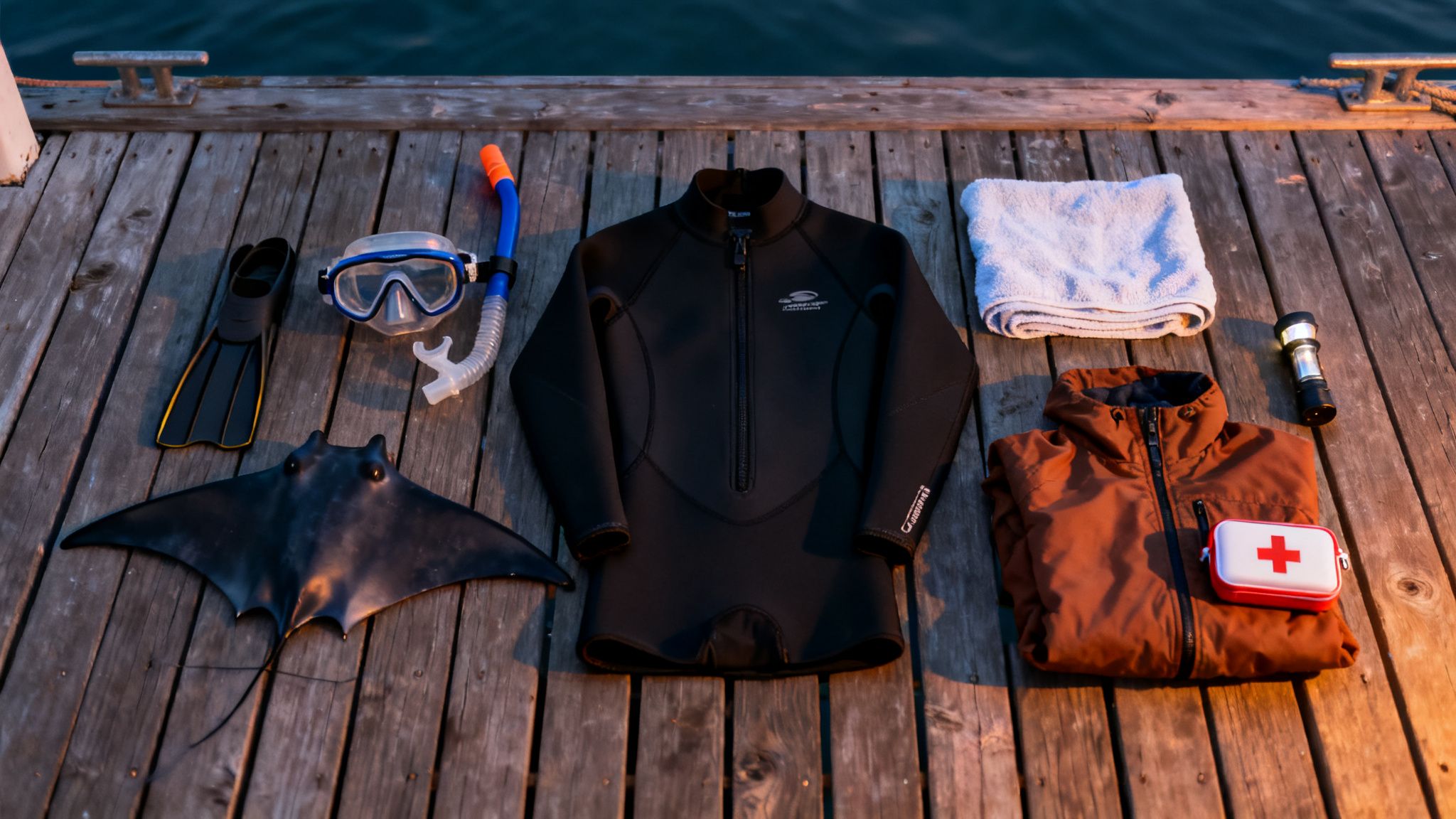 Snorkeling and diving equipment, including a wetsuit, mask, fins, and manta ray model, on a wooden dock.
