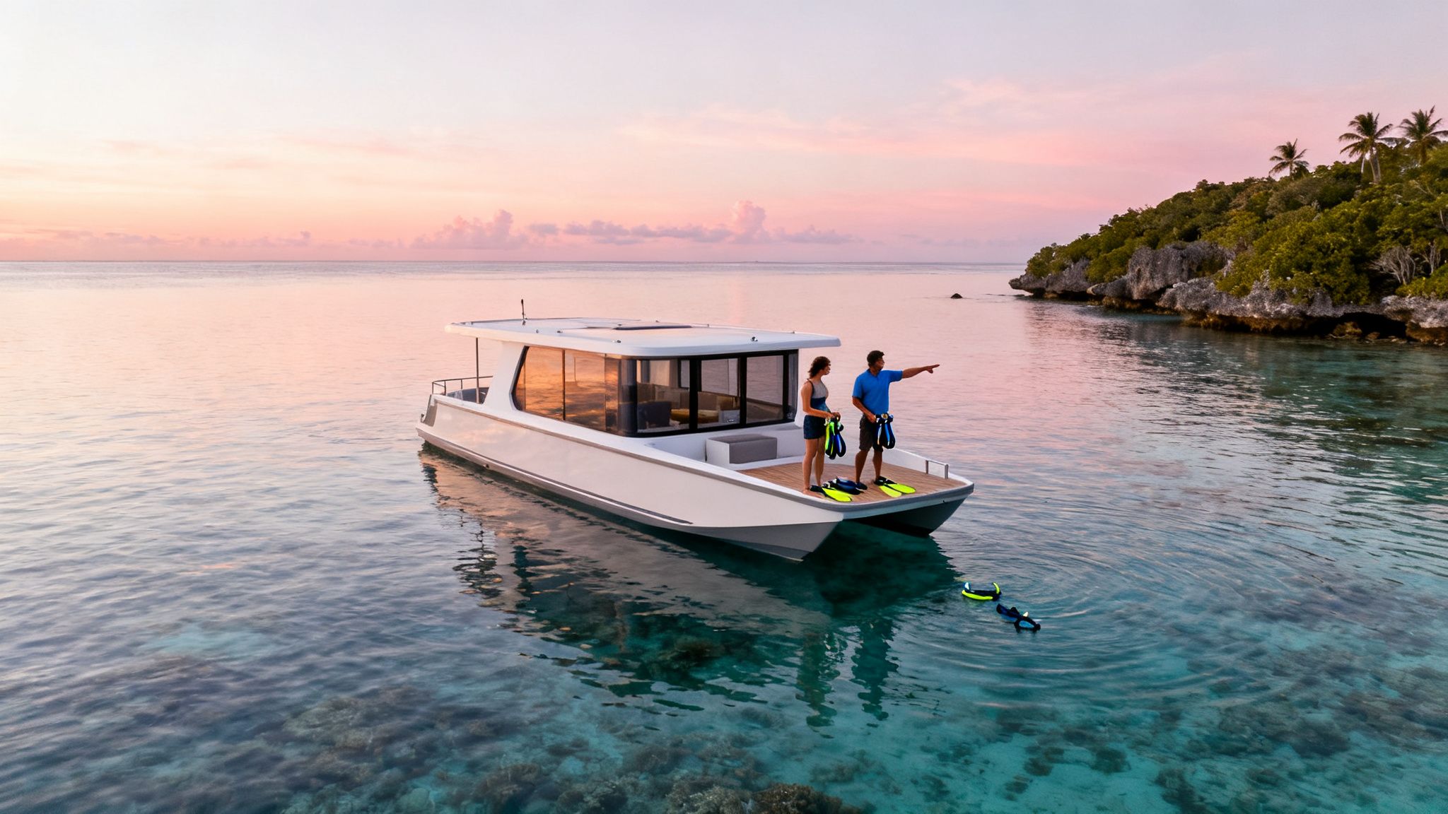 Couple with snorkeling gear on a catamaran boat near a tropical island at sunset.