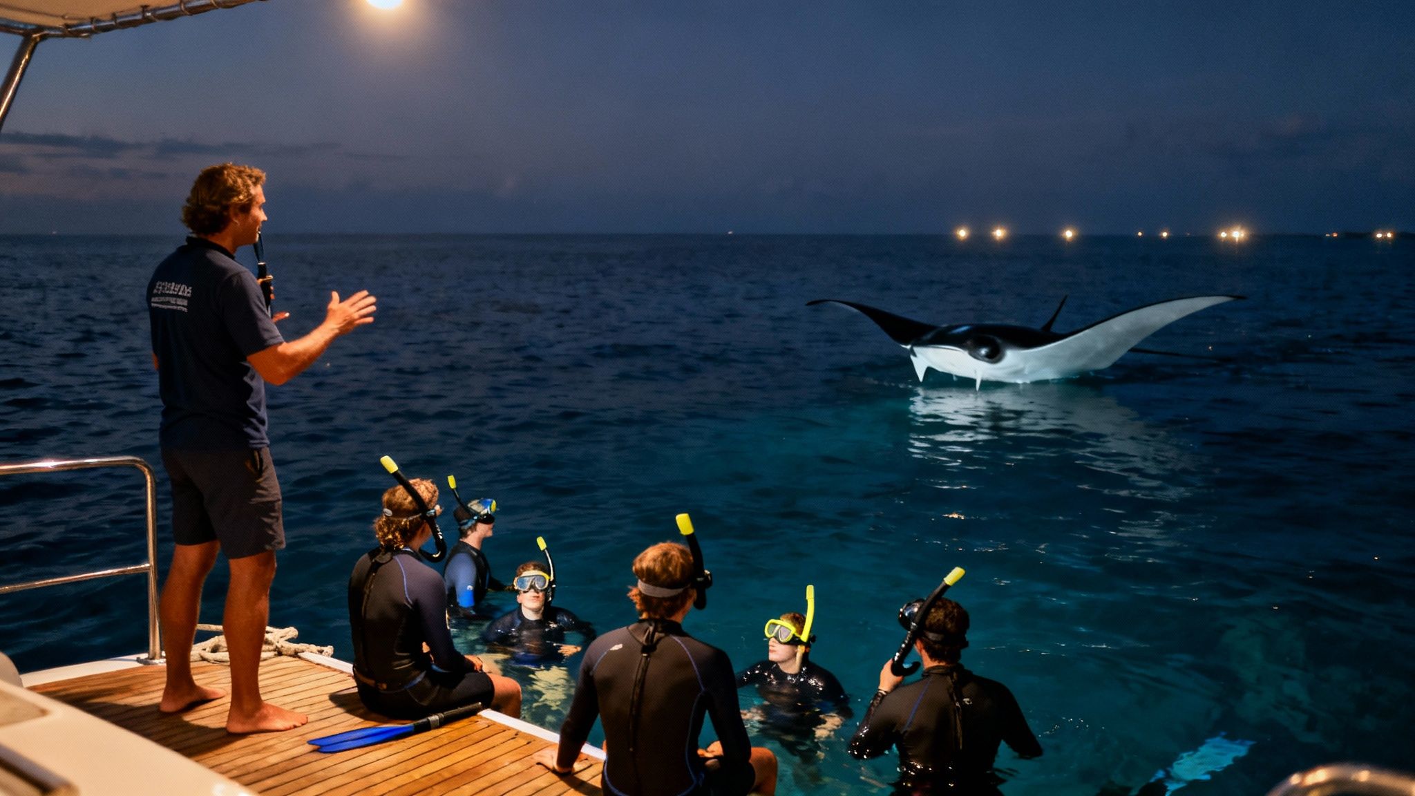 Guide speaks to snorkelers on a boat at night, observing a majestic manta ray.