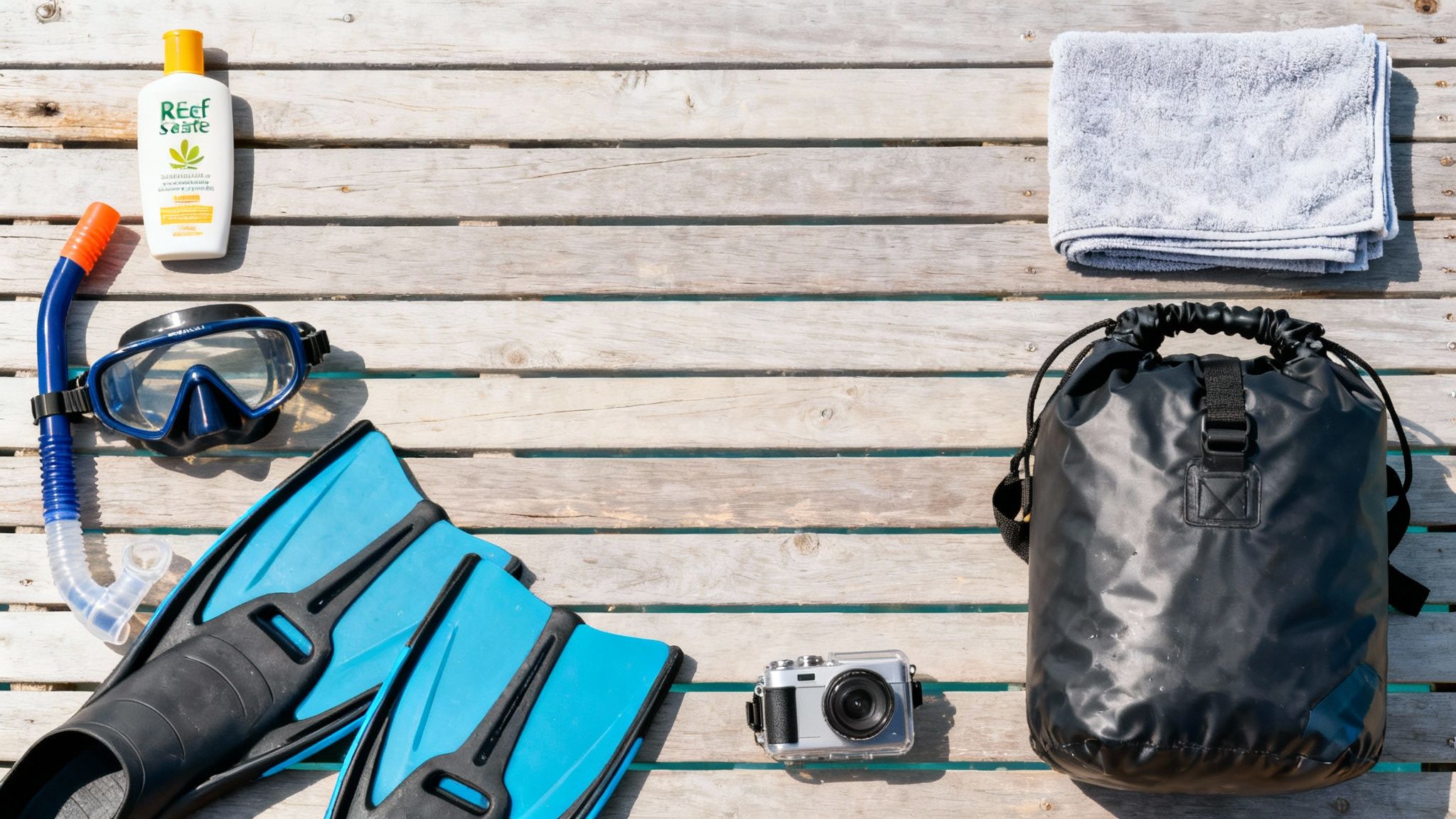 Snorkeling and beach essentials like fins, mask, sunscreen, towel, camera, and dry bag on wood.