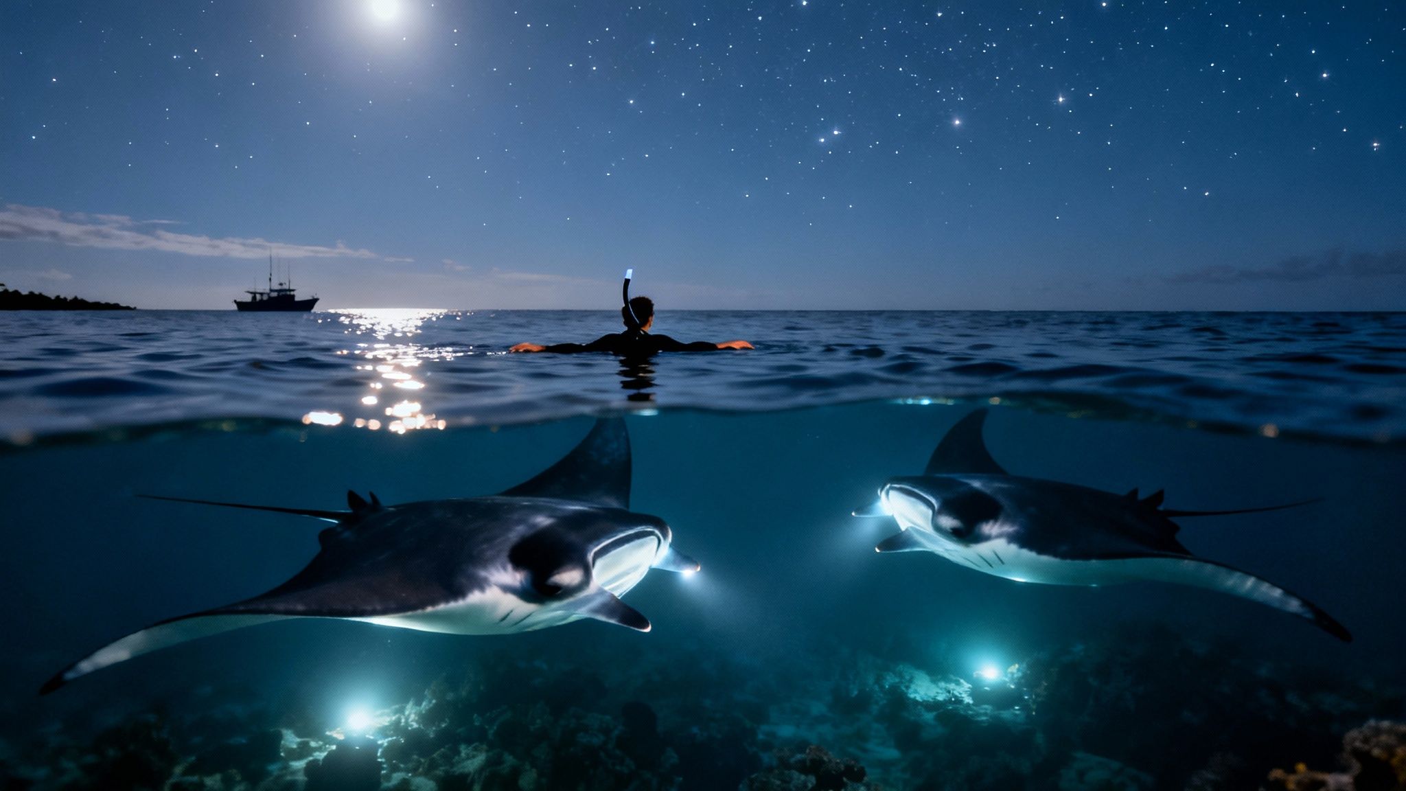 A snorkeler observes two illuminated manta rays at night under a starry sky and moon.