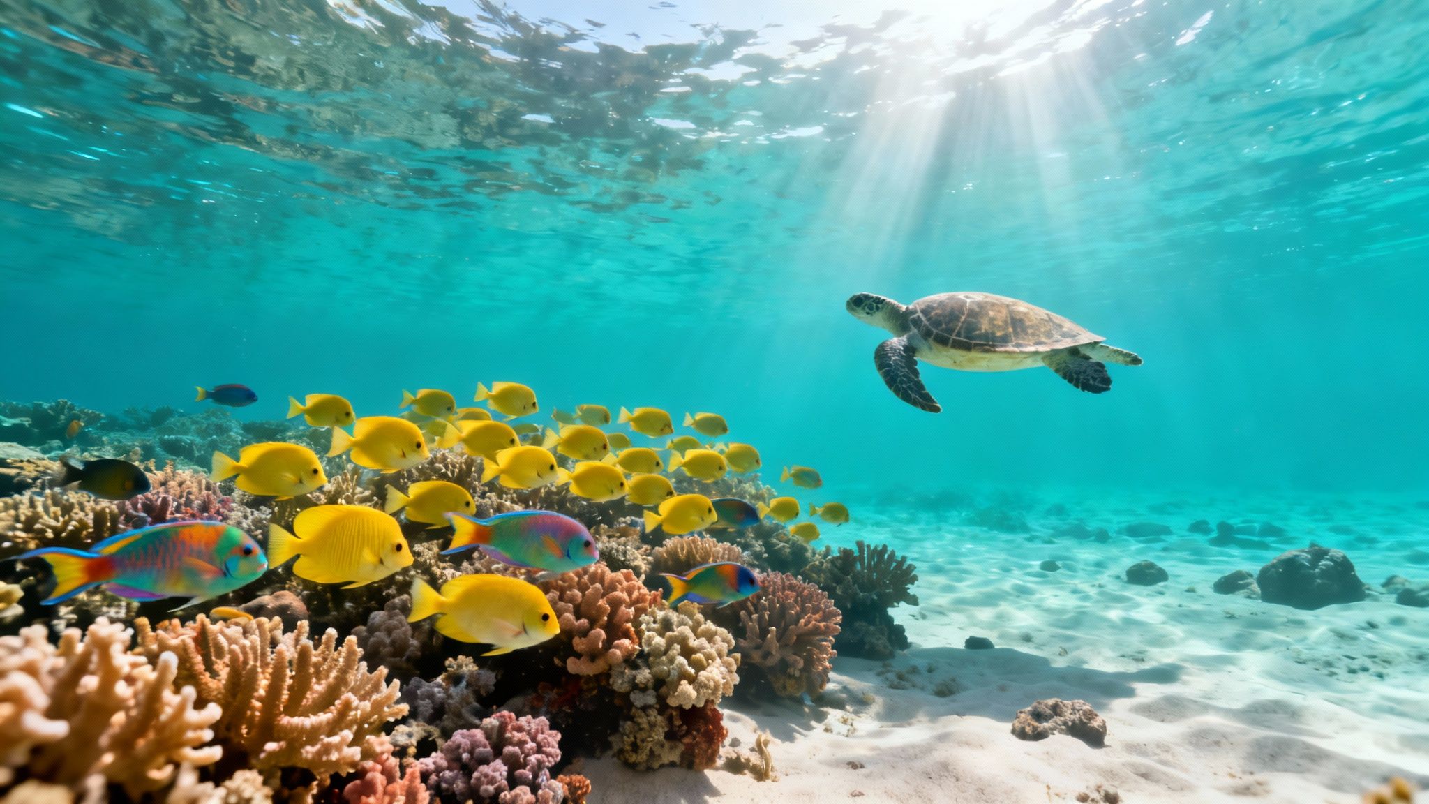 Underwater view of a sea turtle swimming over colorful coral reefs with many yellow fish and sunrays.