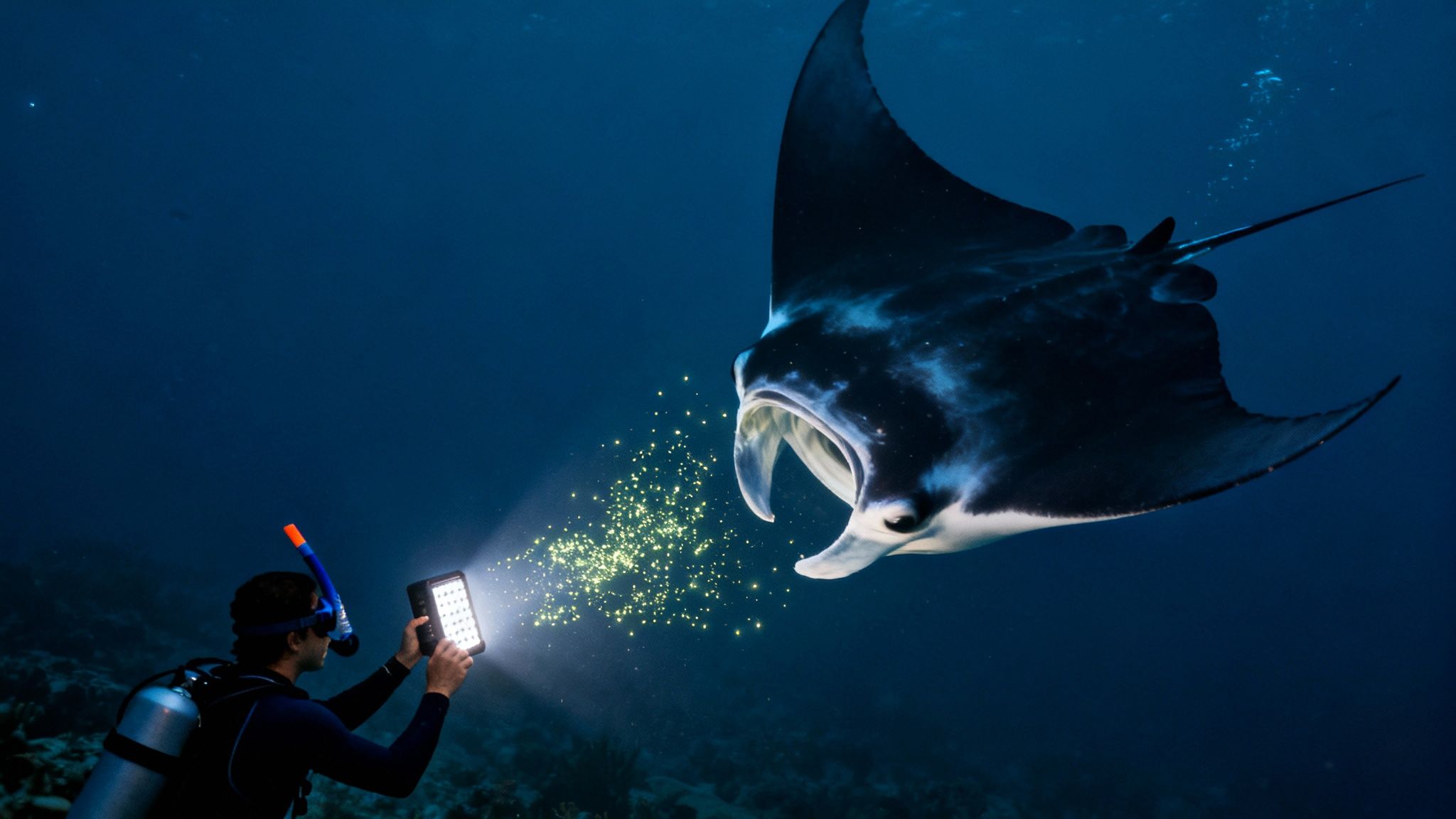 A diver shines a bright light, attracting a large manta ray feeding on illuminated plankton.
