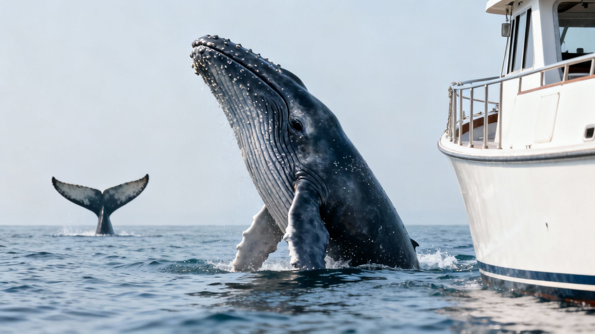 A large humpback whale breaches out of the ocean near a white boat, with a tail fluke in the distance.